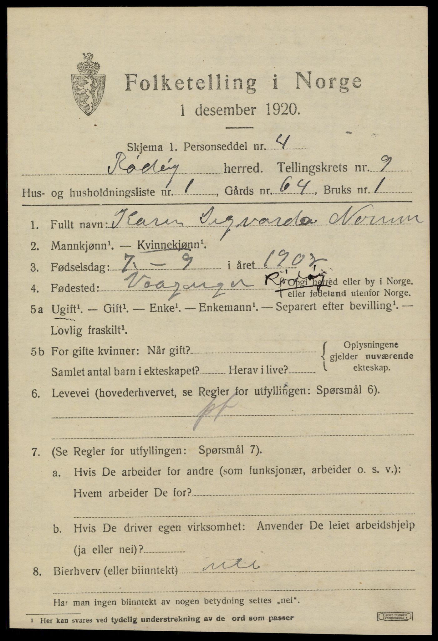 SAT, 1920 census for Rødøy, 1920, p. 5070