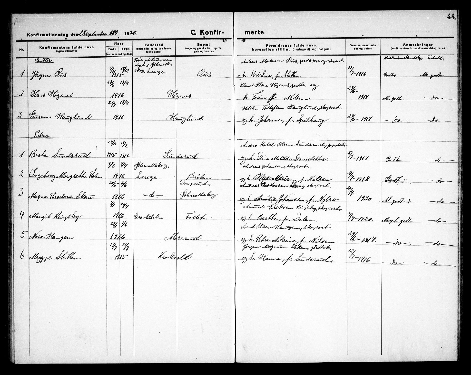 Rødenes prestekontor Kirkebøker, AV/SAO-A-2005/G/Gb/L0003: Parish register (copy) no. II 3, 1922-1936, p. 44