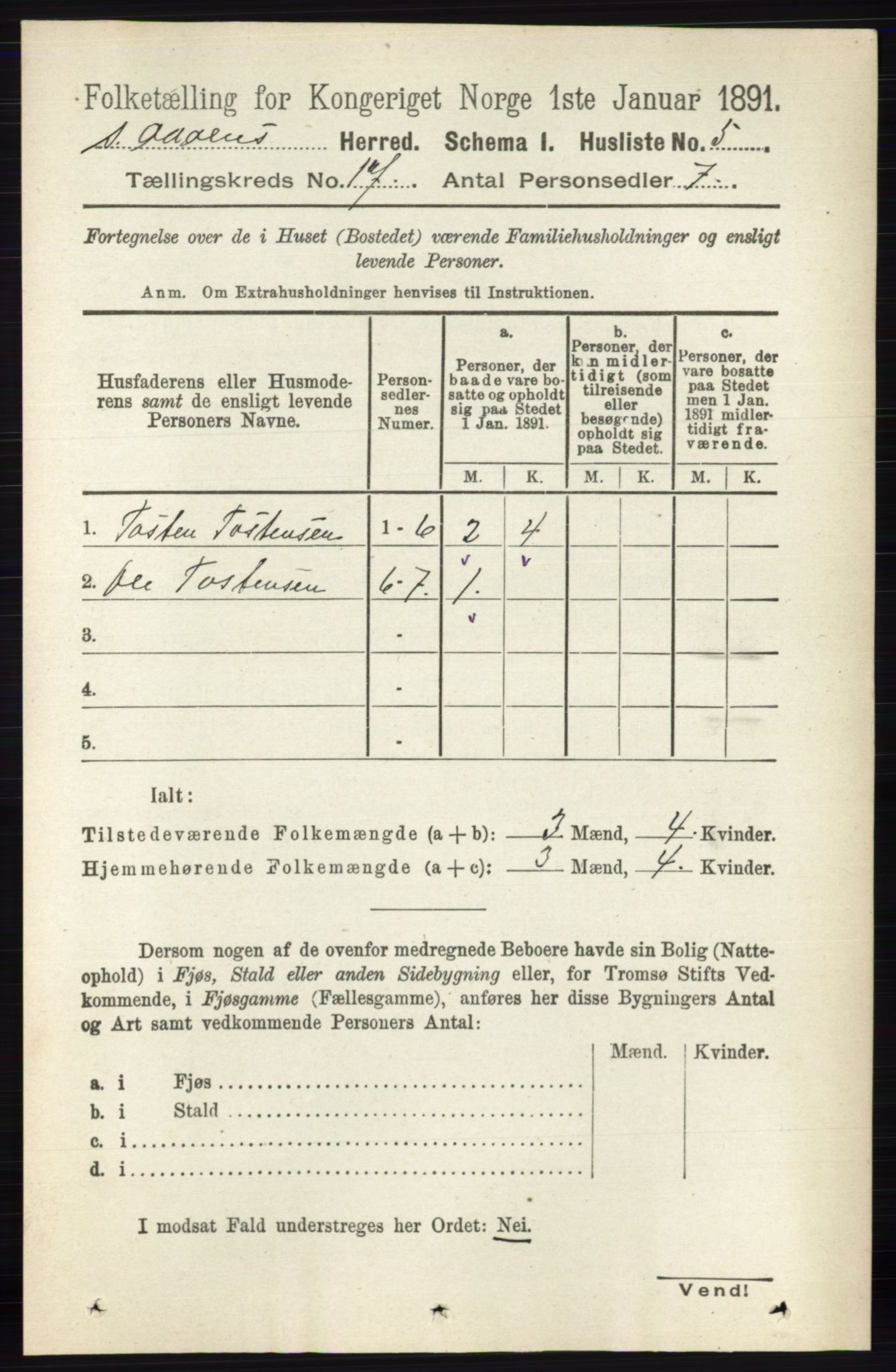 RA, 1891 census for 0419 Sør-Odal, 1891, p. 7785