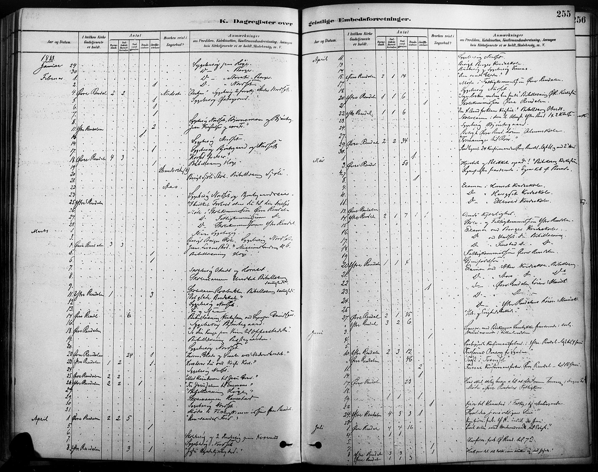 Rendalen prestekontor, SAH/PREST-054/H/Ha/Haa/L0009: Parish register (official) no. 9, 1878-1901, p. 255