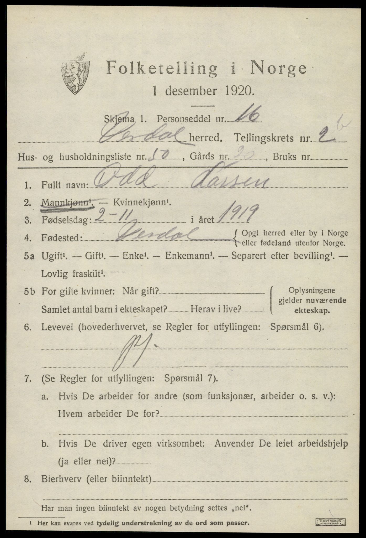 SAT, 1920 census for Verdal, 1920, p. 4721