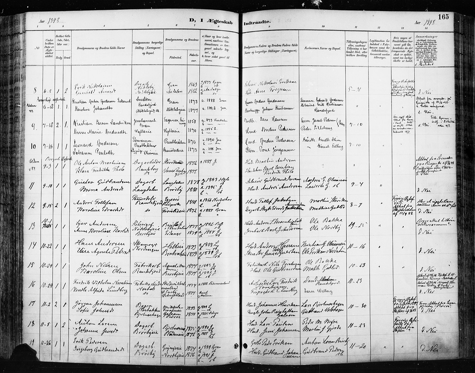 Jevnaker prestekontor, SAH/PREST-116/H/Ha/Haa/L0009: Parish register (official) no. 9, 1891-1901, p. 165
