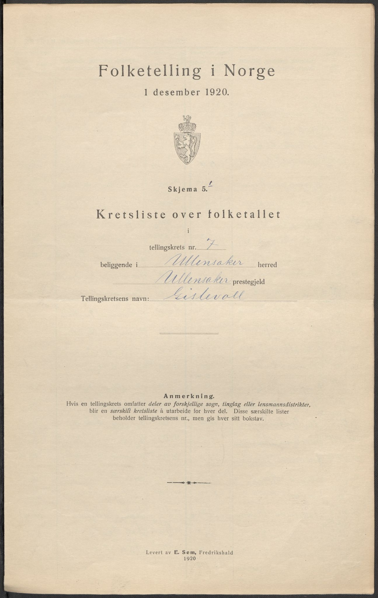 SAO, 1920 census for Ullensaker, 1920, p. 42