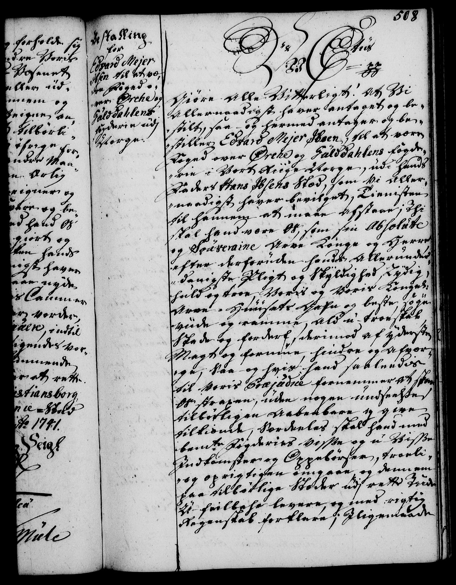 Rentekammeret, Kammerkanselliet, RA/EA-3111/G/Gg/Gge/L0002: Norsk bestallingsprotokoll med register (merket RK 53.26), 1730-1744, p. 508