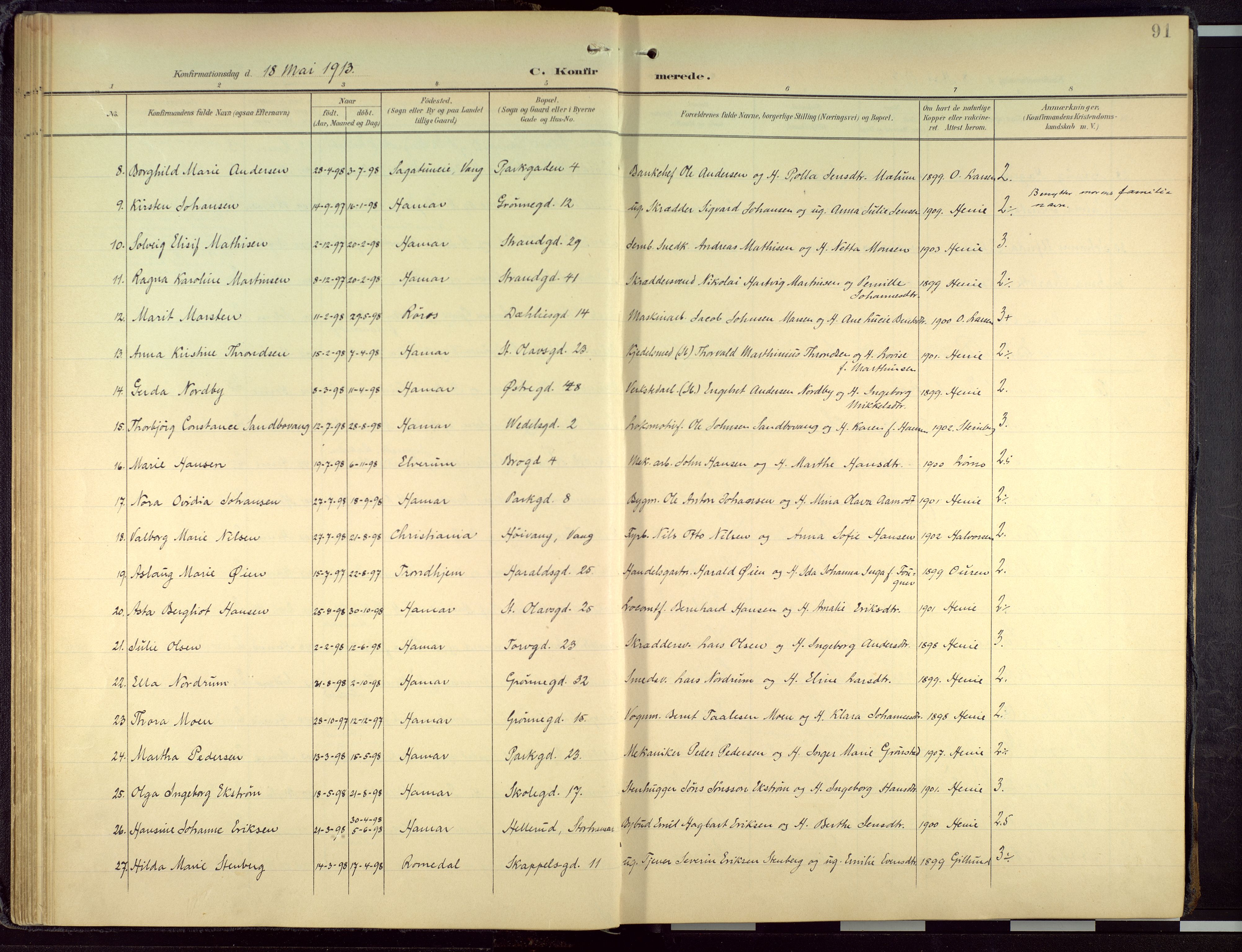 Hamar prestekontor, SAH/DOMPH-002/H/Ha/Haa/L0004: Parish register (official) no. 4, 1899-1973, p. 91