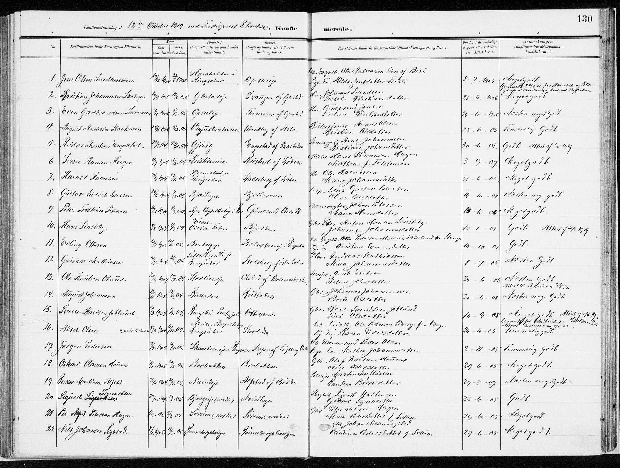 Ringsaker prestekontor, SAH/PREST-014/K/Ka/L0019: Parish register (official) no. 19, 1905-1920, p. 130