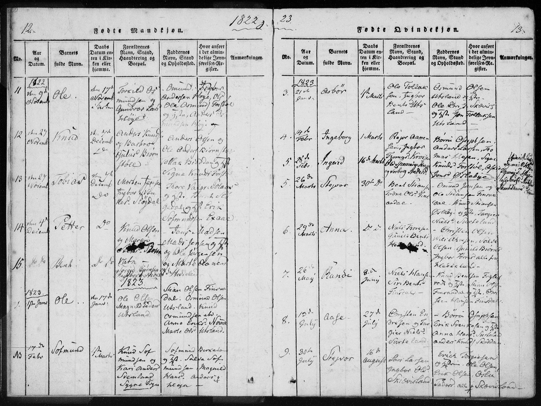 Holum sokneprestkontor, SAK/1111-0022/F/Fa/Fac/L0002: Parish register (official) no. A 2, 1821-1859, p. 12-13