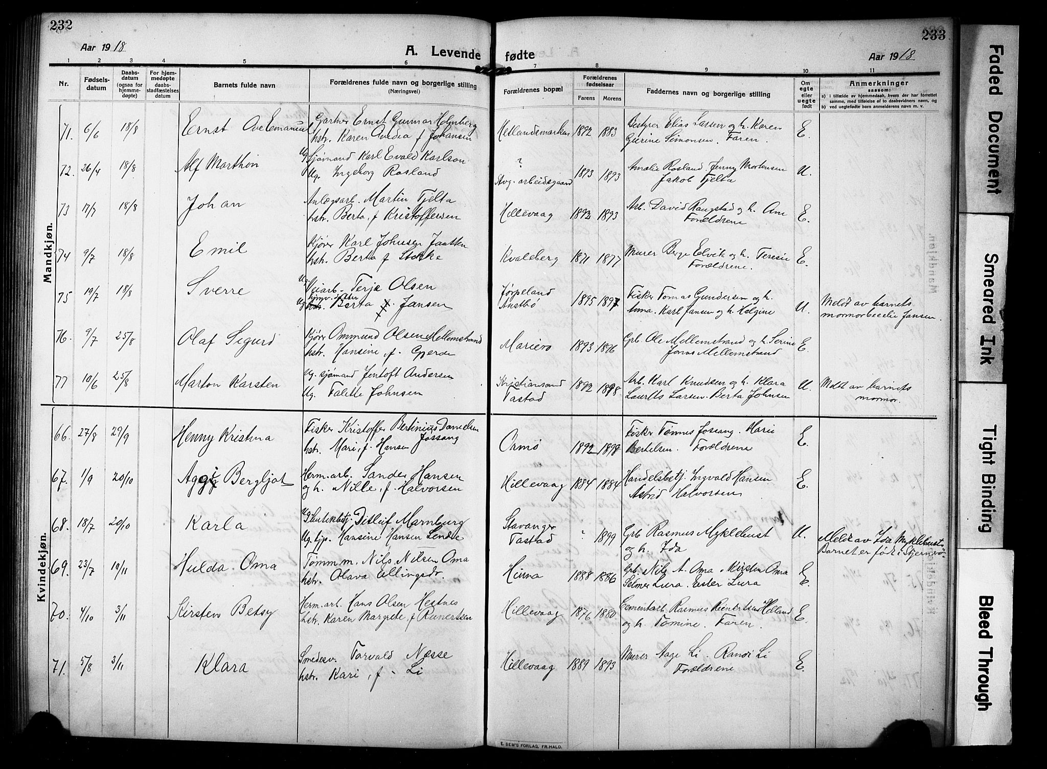 Hetland sokneprestkontor, AV/SAST-A-101826/30/30BB/L0008: Parish register (copy) no. B 8, 1910-1921, p. 232-233