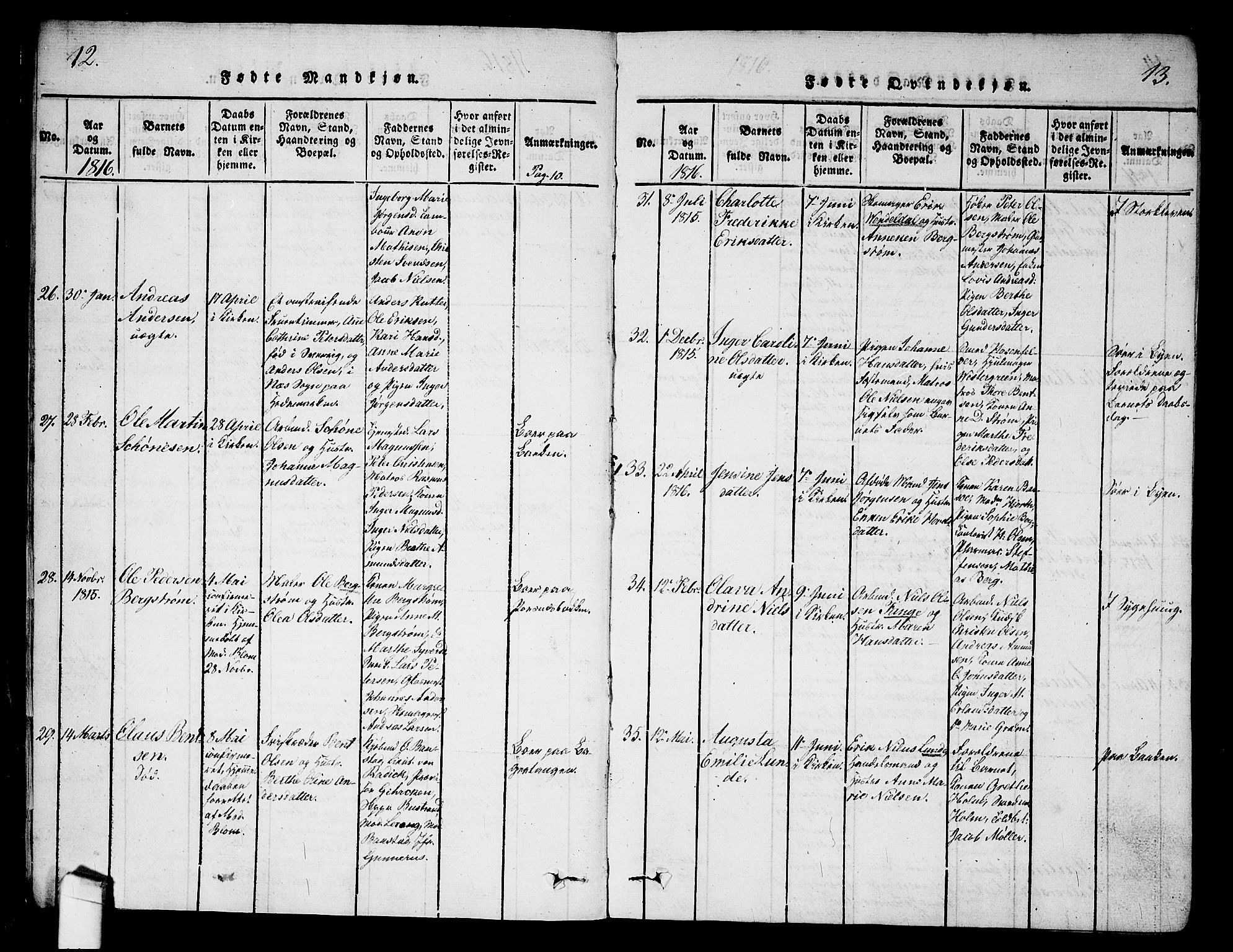 Halden prestekontor Kirkebøker, SAO/A-10909/G/Ga/L0001: Parish register (copy) no. 1, 1815-1833, p. 12-13