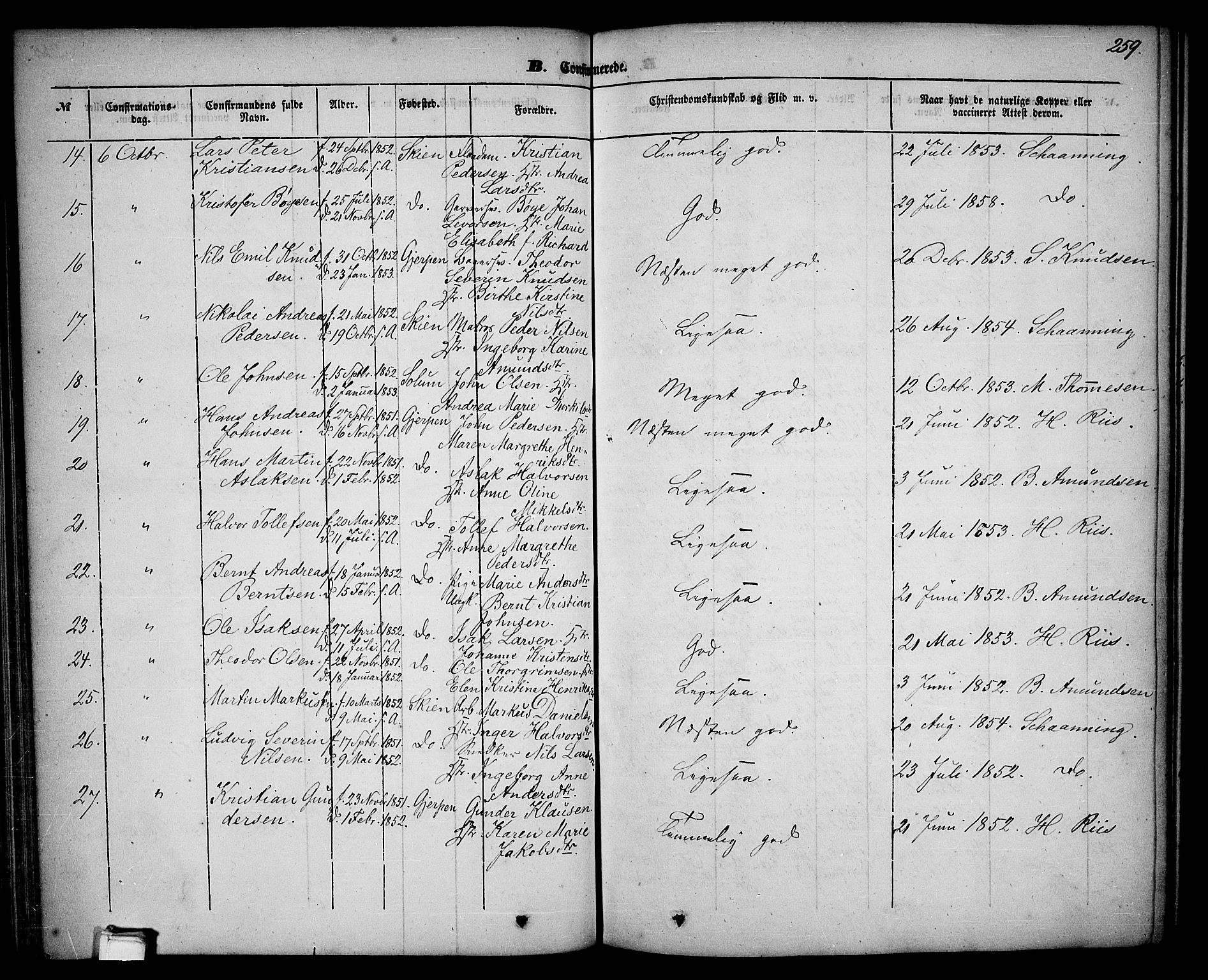 Skien kirkebøker, AV/SAKO-A-302/G/Ga/L0004: Parish register (copy) no. 4, 1843-1867, p. 259