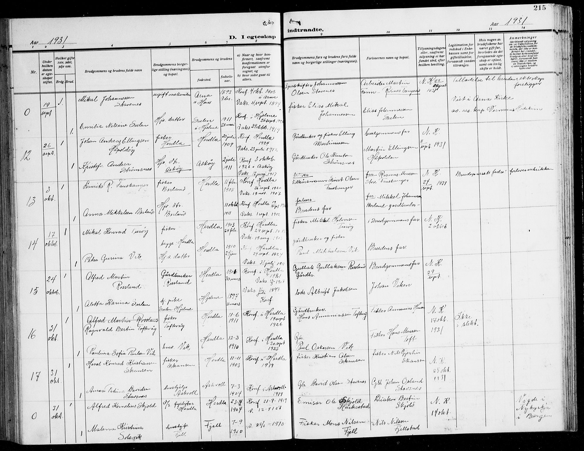 Herdla Sokneprestembete, AV/SAB-A-75701/H/Hab: Parish register (copy) no. C 3, 1926-1940, p. 215