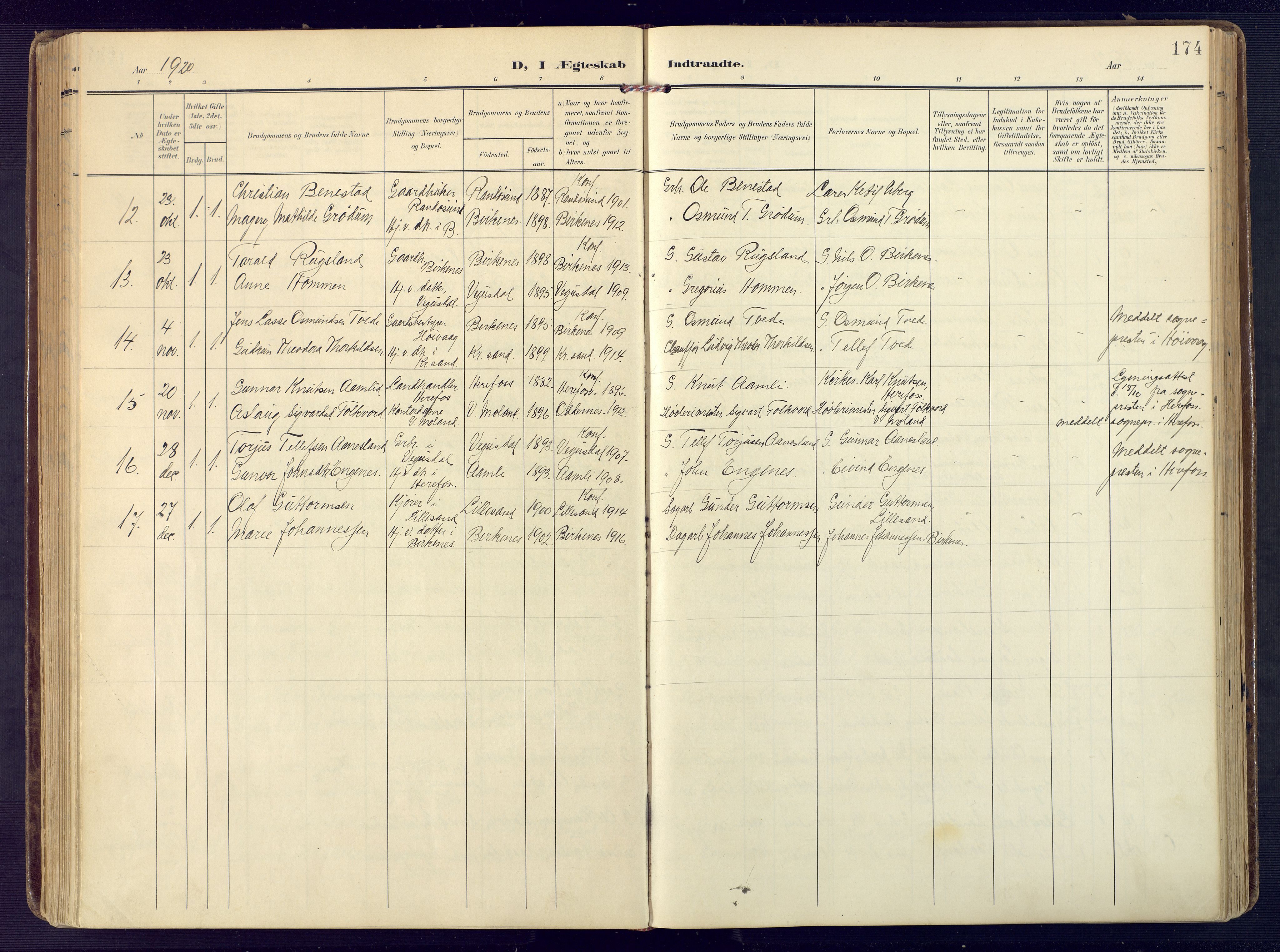 Birkenes sokneprestkontor, SAK/1111-0004/F/Fa/L0006: Parish register (official) no. A 6, 1908-1932, p. 174