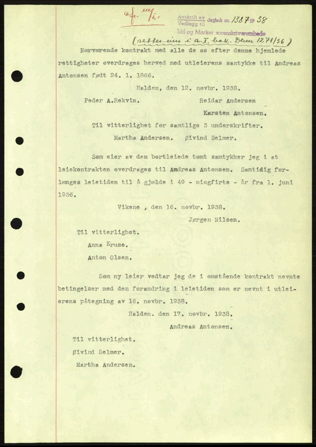 Idd og Marker sorenskriveri, AV/SAO-A-10283/G/Gb/Gbb/L0001: Mortgage book no. A1, 1936-1937, Diary no: : 1271/1936