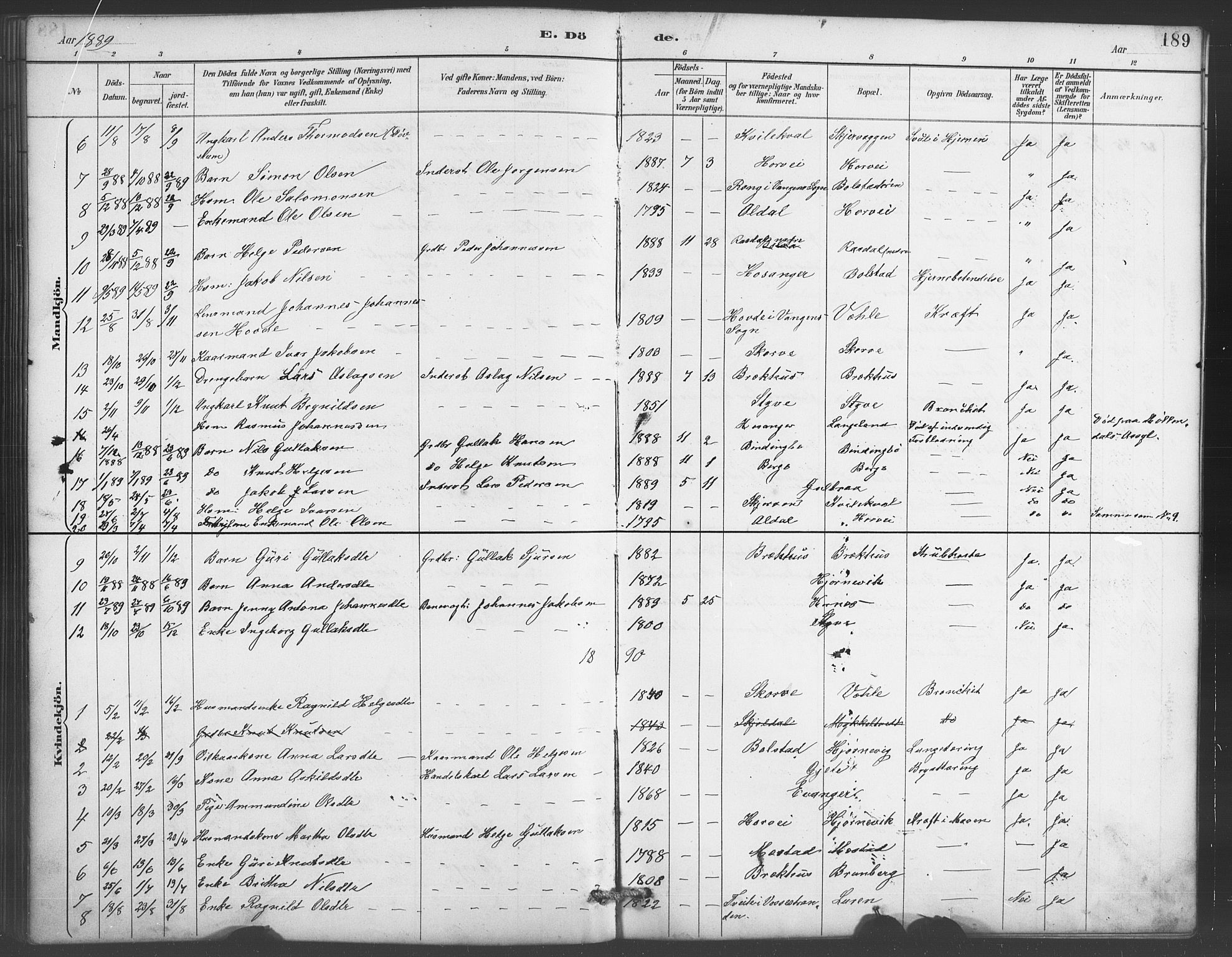 Evanger sokneprestembete, SAB/A-99924: Parish register (copy) no. A 4, 1887-1897, p. 189