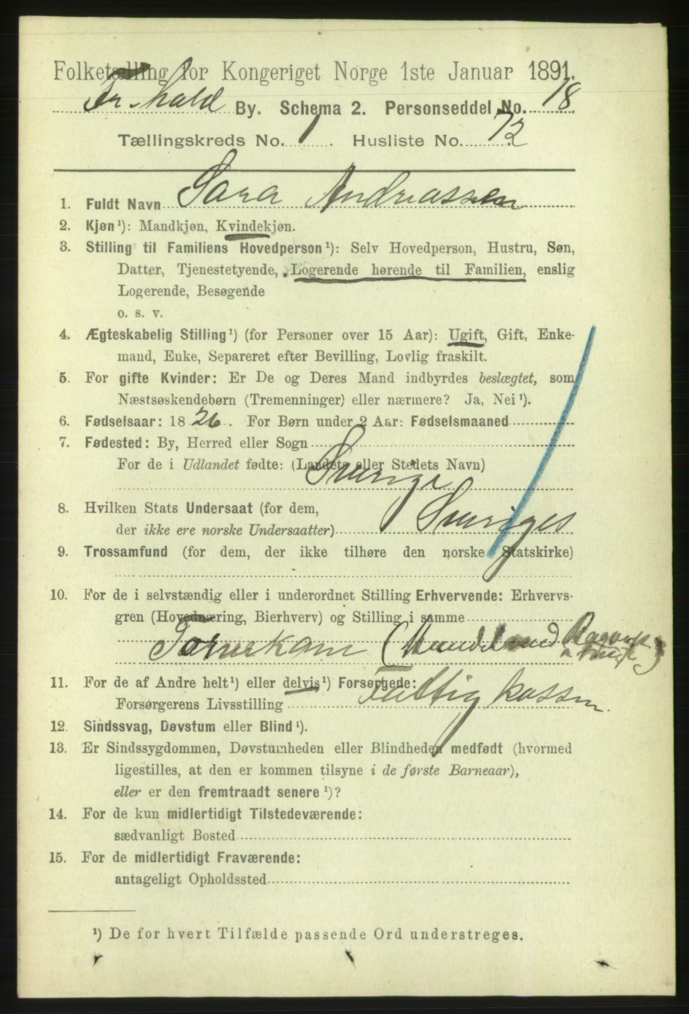 RA, 1891 census for 0101 Fredrikshald, 1891, p. 2651