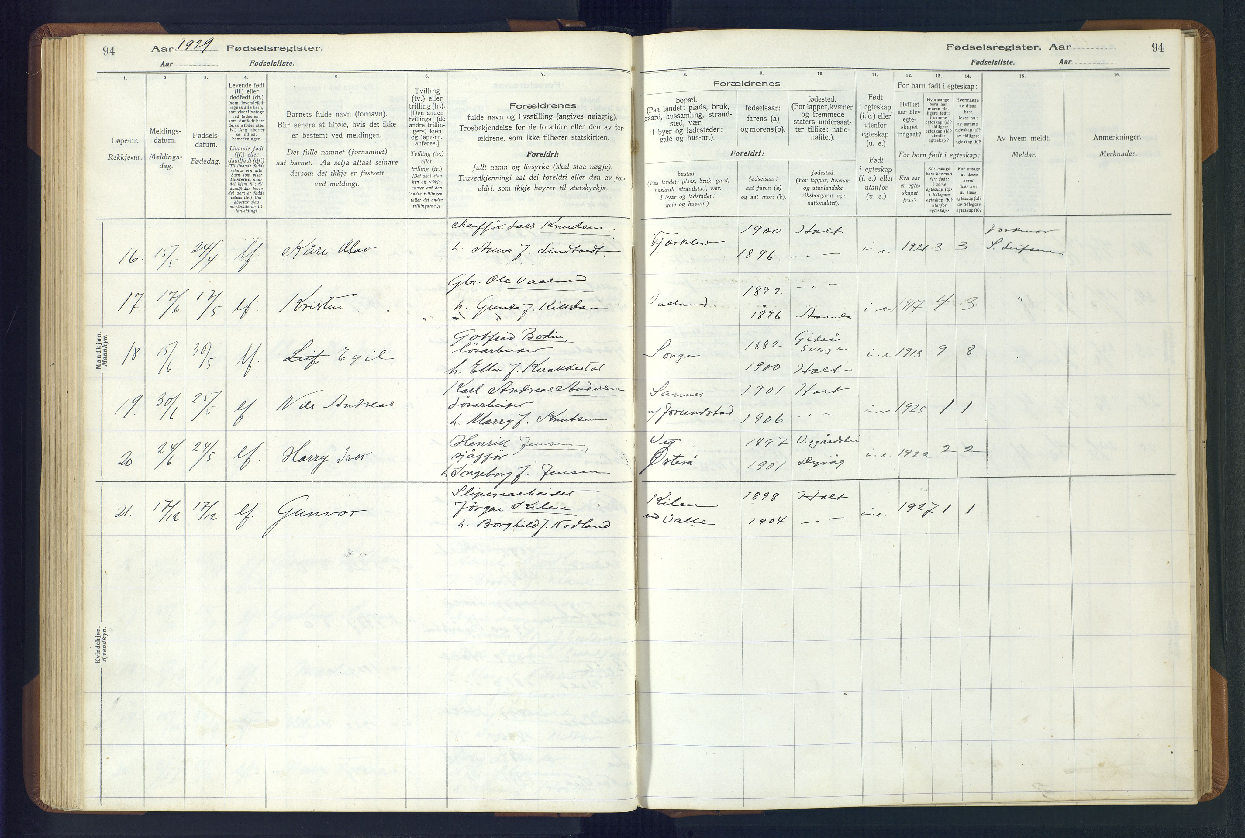 Holt sokneprestkontor, AV/SAK-1111-0021/J/Ja/L0001: Birth register no. II.4.1, 1916-1946, p. 94