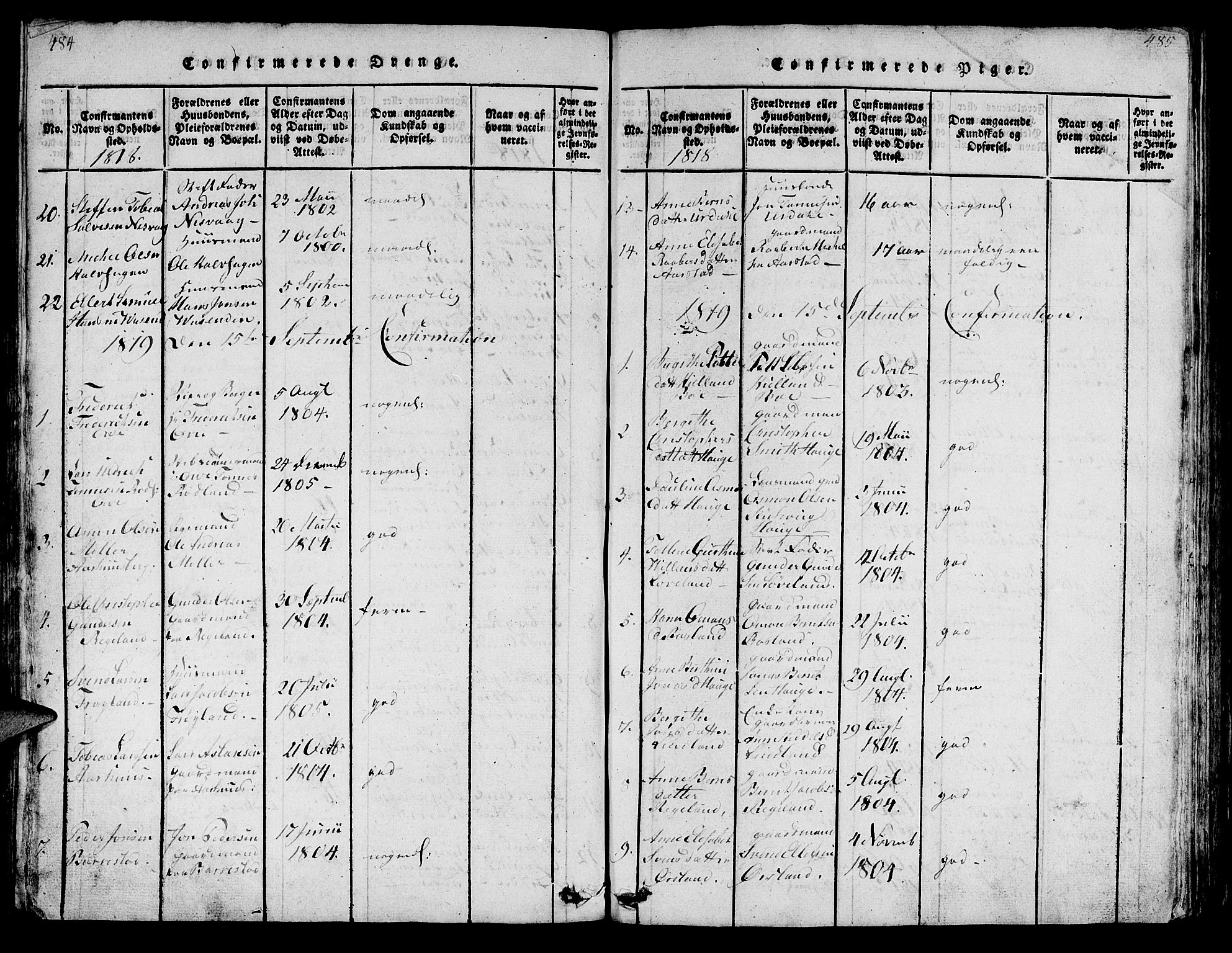 Sokndal sokneprestkontor, SAST/A-101808: Parish register (copy) no. B 1, 1815-1848, p. 484-485