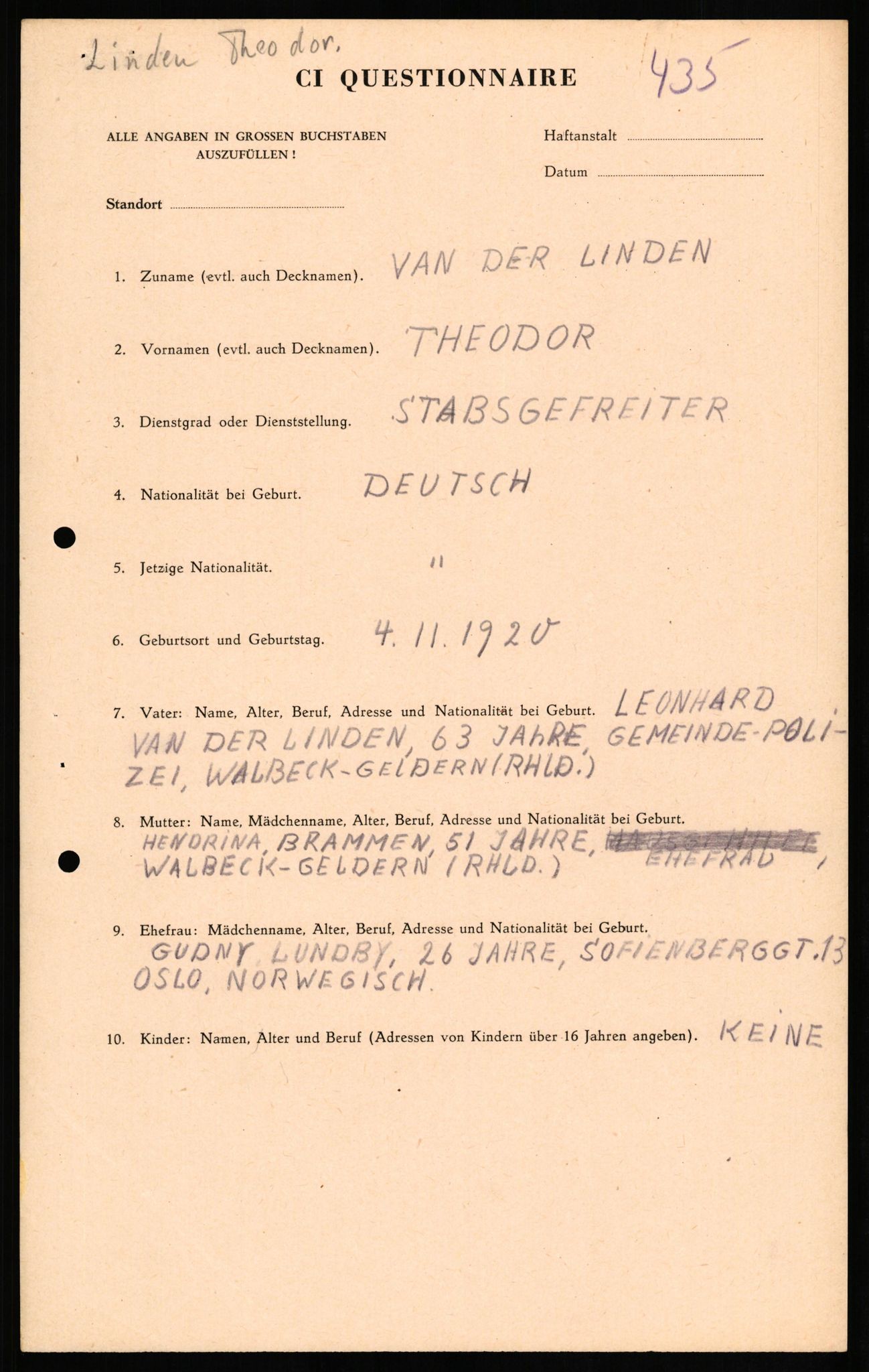 Forsvaret, Forsvarets overkommando II, AV/RA-RAFA-3915/D/Db/L0020: CI Questionaires. Tyske okkupasjonsstyrker i Norge. Tyskere., 1945-1946, p. 176