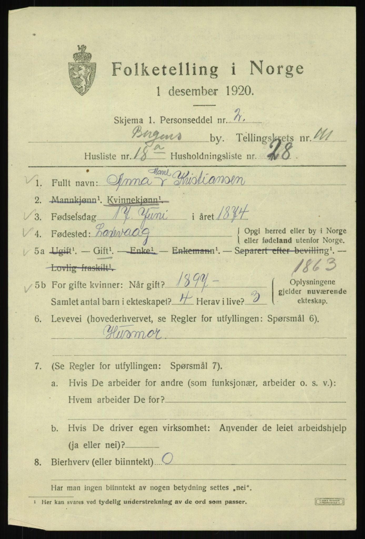 SAB, 1920 census for Bergen, 1920, p. 191511