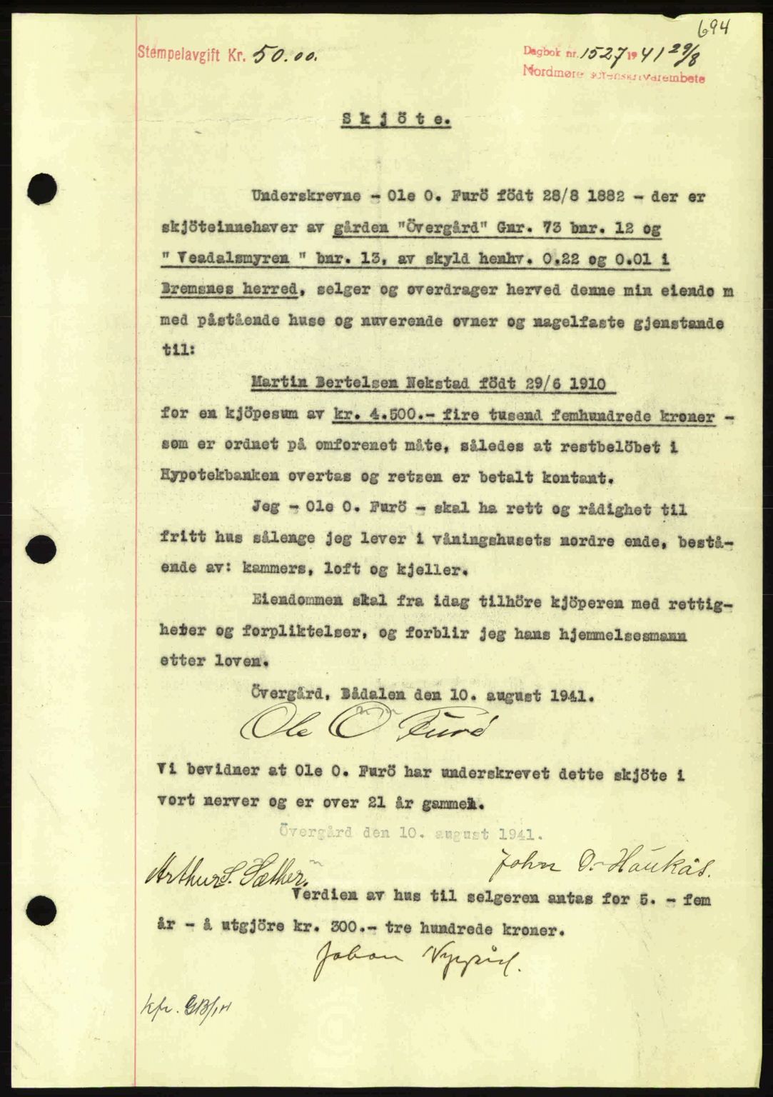 Nordmøre sorenskriveri, SAT/A-4132/1/2/2Ca: Mortgage book no. A90, 1941-1941, Diary no: : 1527/1941