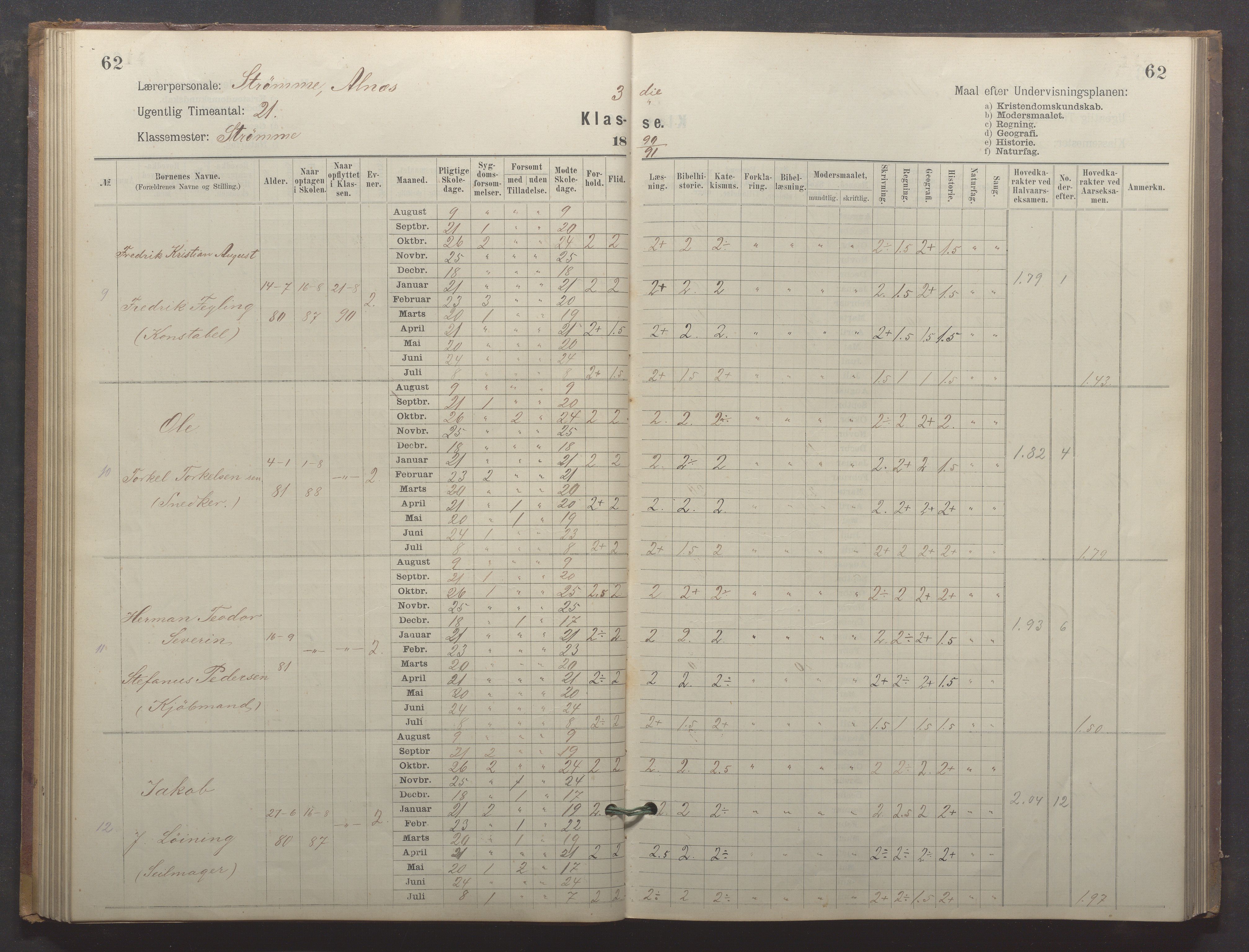 Egersund kommune (Ladested) - Egersund almueskole/folkeskole, IKAR/K-100521/H/L0024: Skoleprotokoll - Almueskolen, 3. klasse, 1887-1892, p. 62