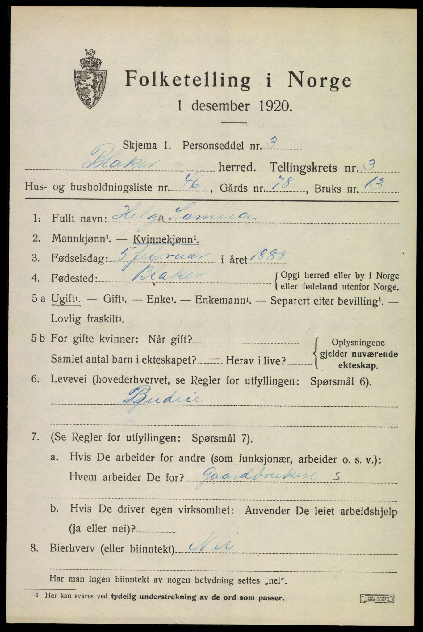 SAO, 1920 census for Blaker, 1920, p. 2823