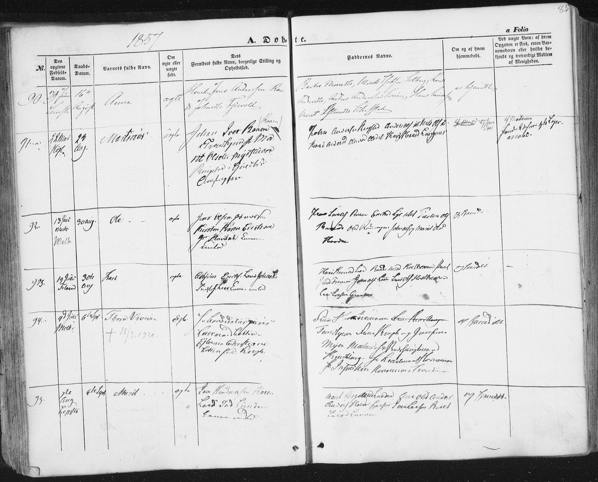 Ministerialprotokoller, klokkerbøker og fødselsregistre - Sør-Trøndelag, AV/SAT-A-1456/691/L1076: Parish register (official) no. 691A08, 1852-1861, p. 85