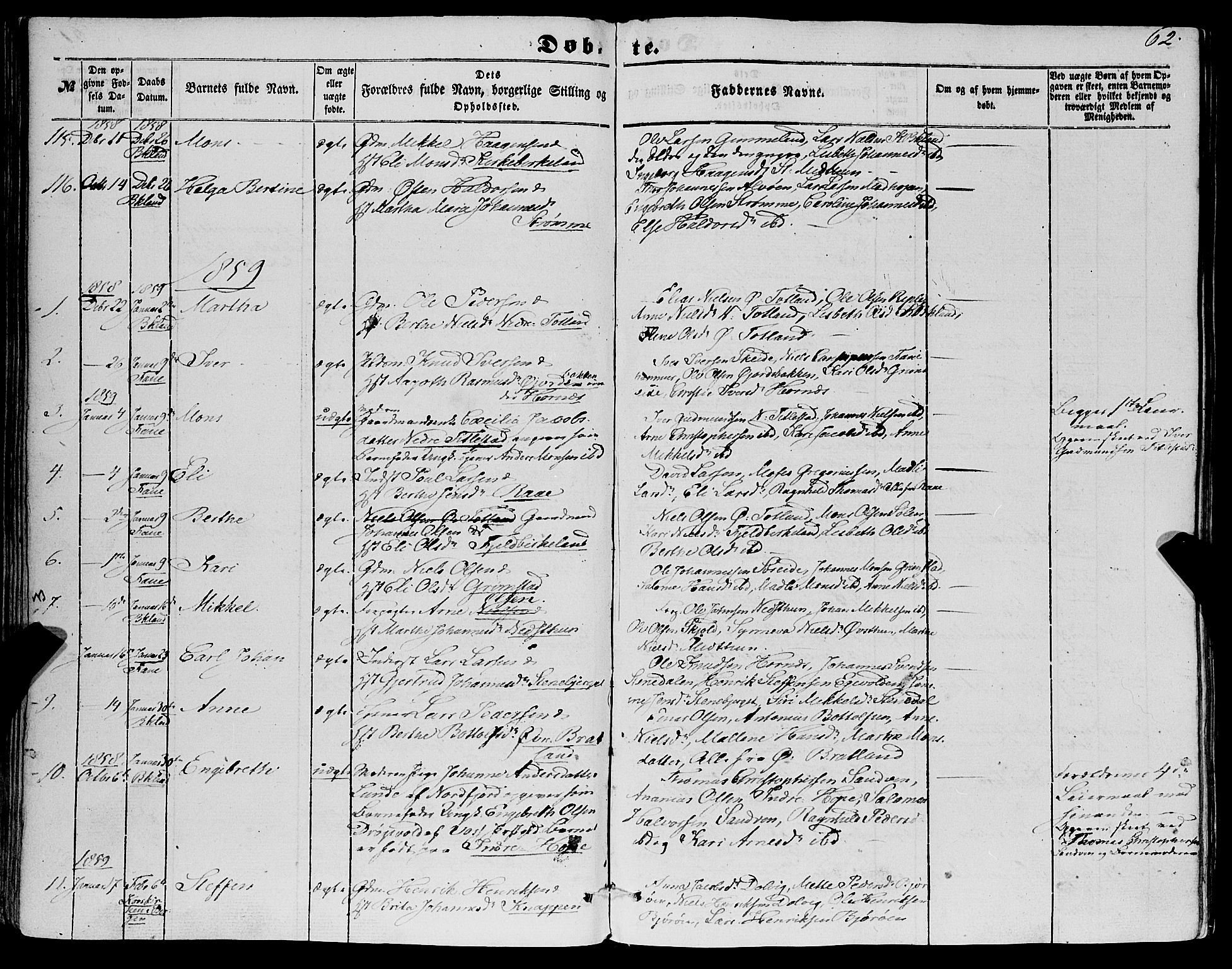 Fana Sokneprestembete, SAB/A-75101/H/Haa/Haaa/L0011: Parish register (official) no. A 11, 1851-1862, p. 62