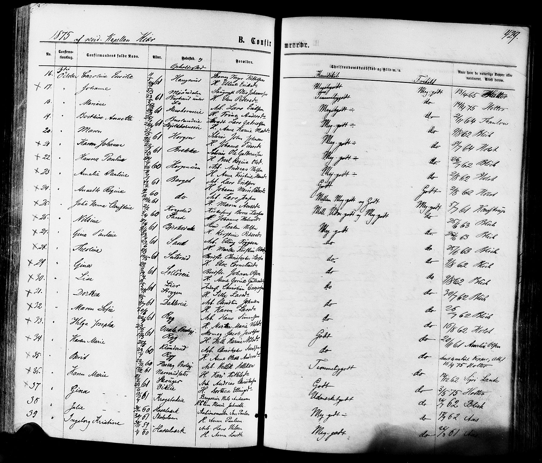 Eiker kirkebøker, AV/SAKO-A-4/F/Fa/L0017: Parish register (official) no. I 17, 1869-1877, p. 429