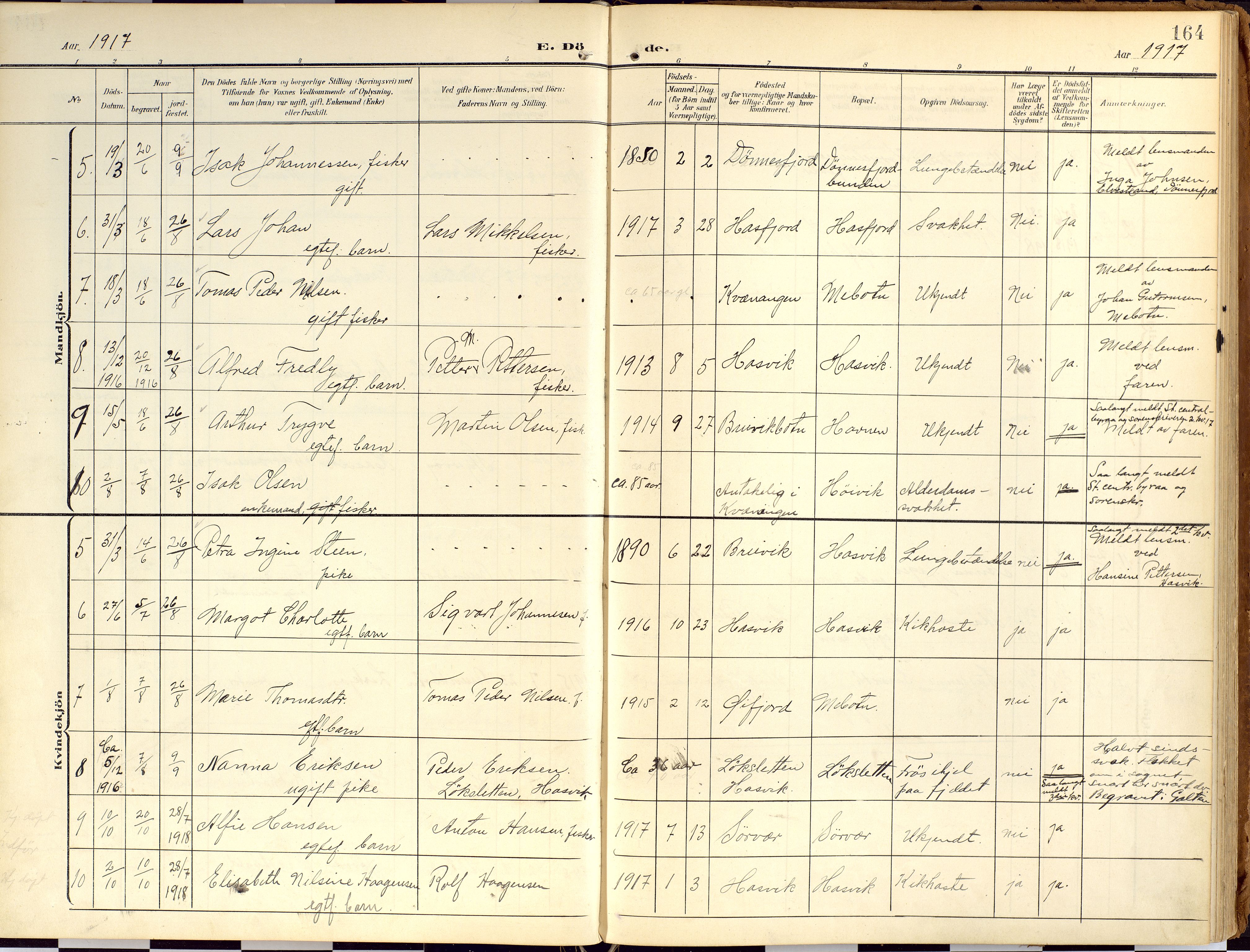 Loppa sokneprestkontor, SATØ/S-1339/H/Ha/L0010kirke: Parish register (official) no. 10, 1907-1922, p. 164