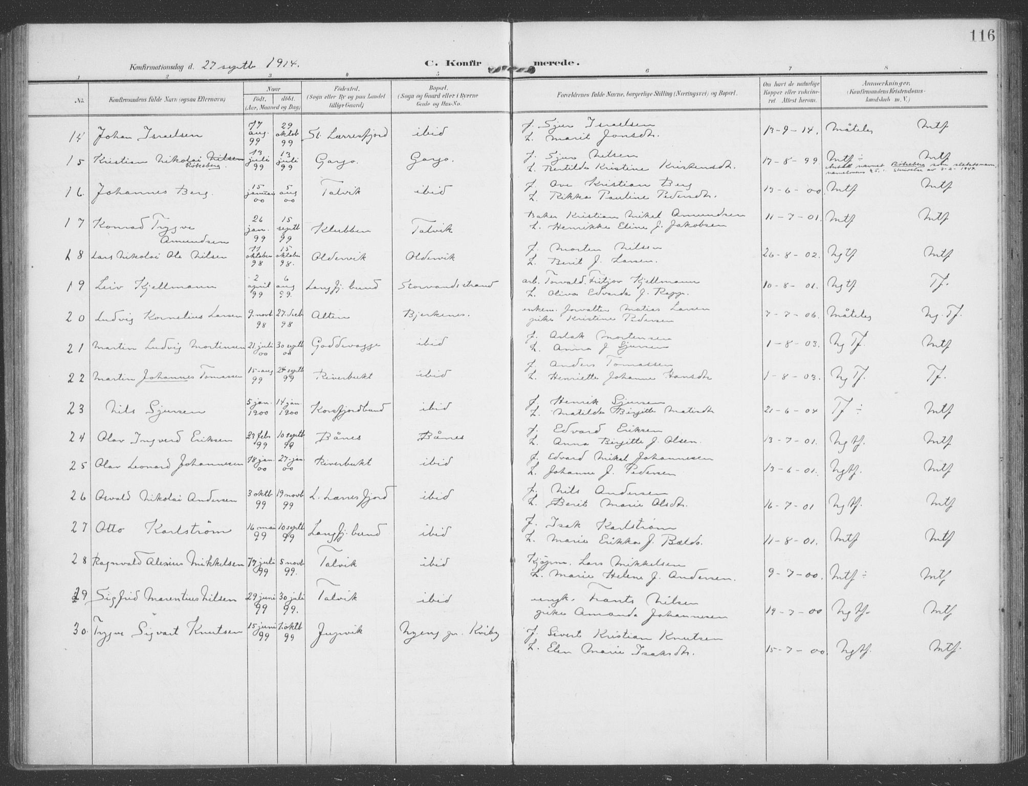Talvik sokneprestkontor, AV/SATØ-S-1337/H/Ha/L0017kirke: Parish register (official) no. 17, 1906-1915, p. 116