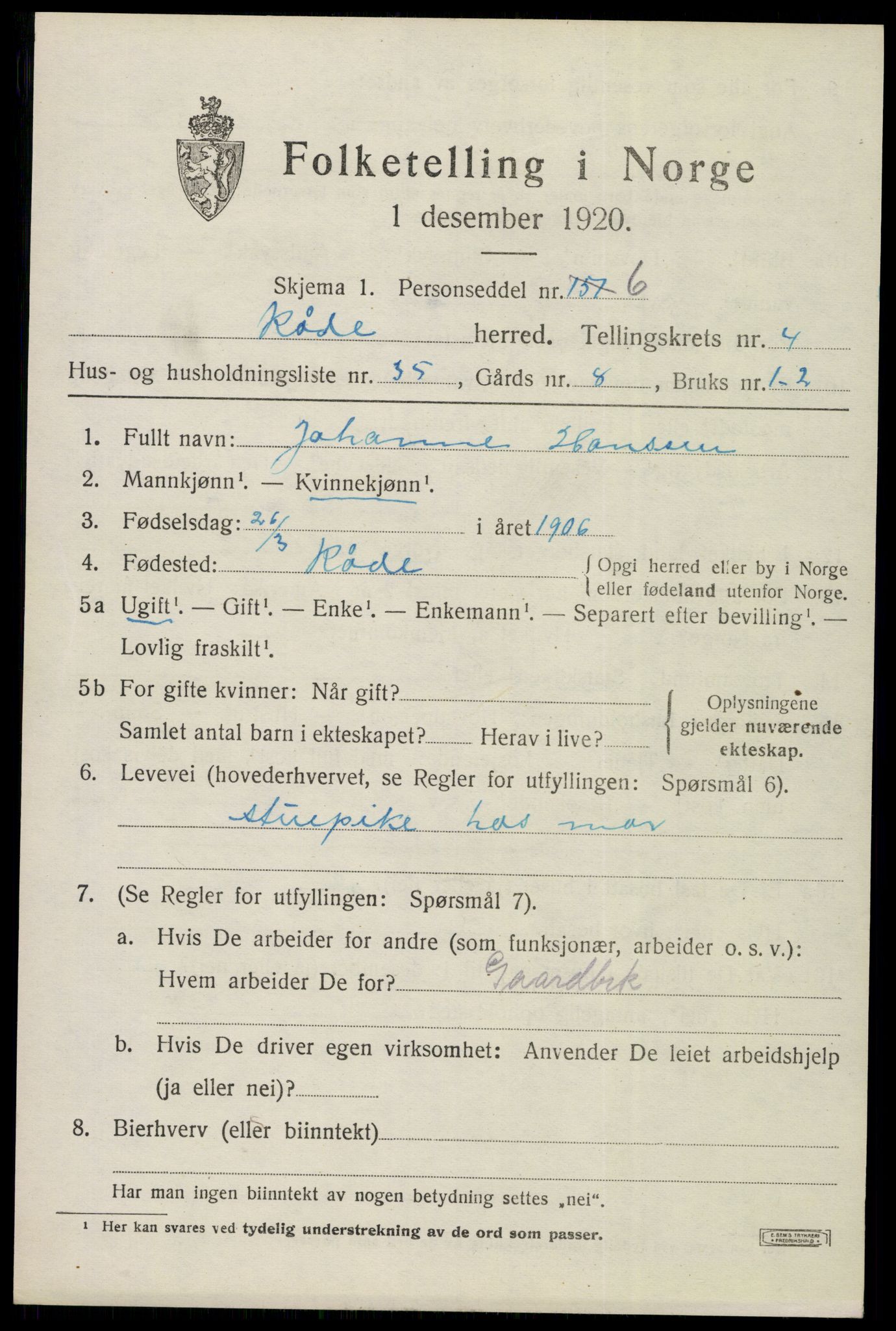 SAO, 1920 census for Råde, 1920, p. 4343