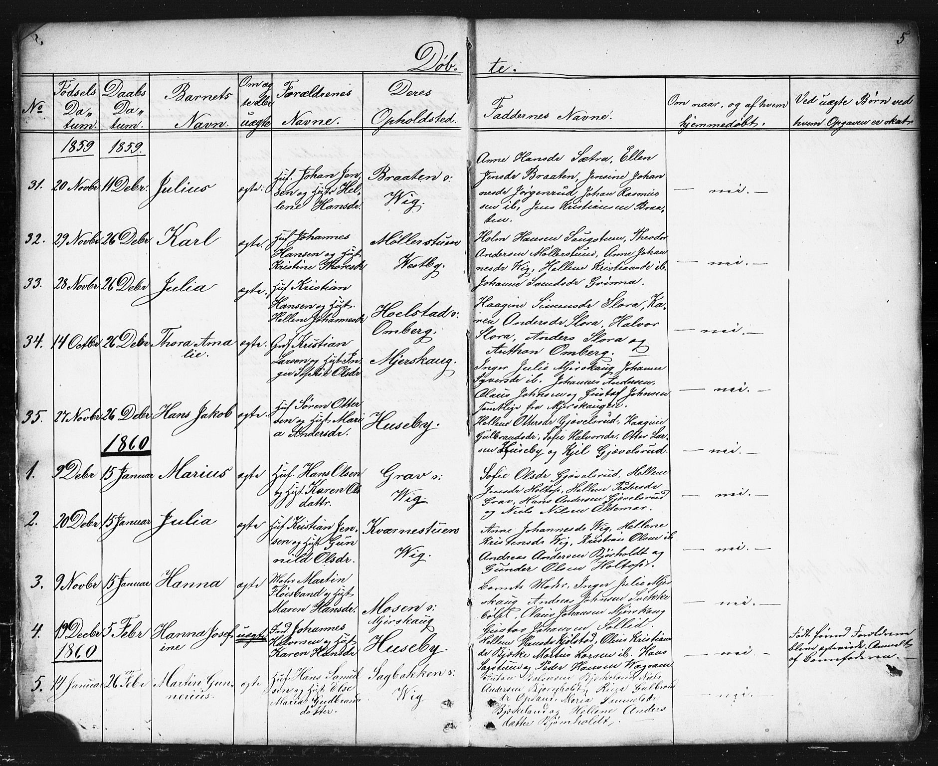 Enebakk prestekontor Kirkebøker, AV/SAO-A-10171c/G/Gb/L0001: Parish register (copy) no. II 1, 1859-1890, p. 5