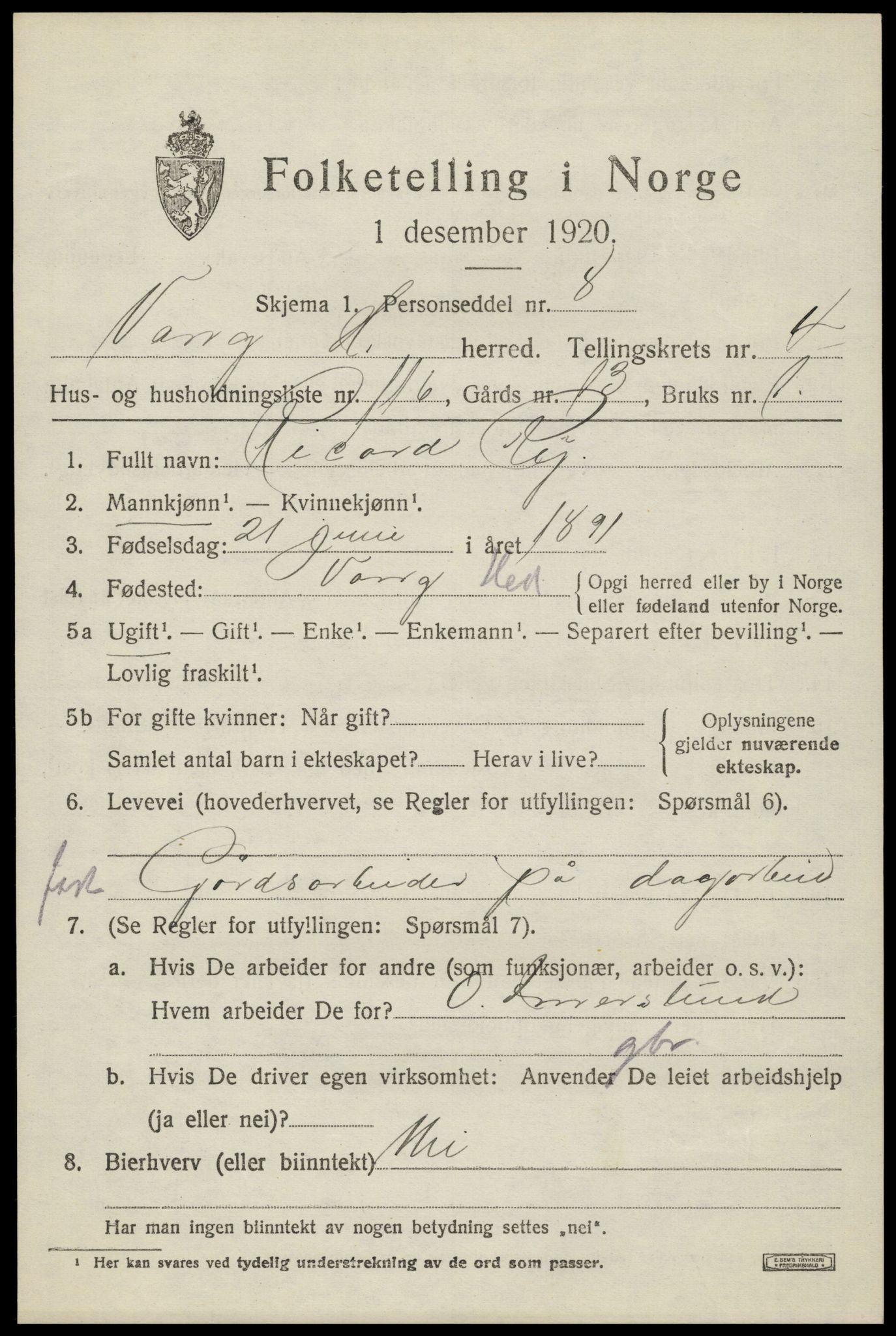 SAH, 1920 census for Vang (Hedmark), 1920, p. 13817