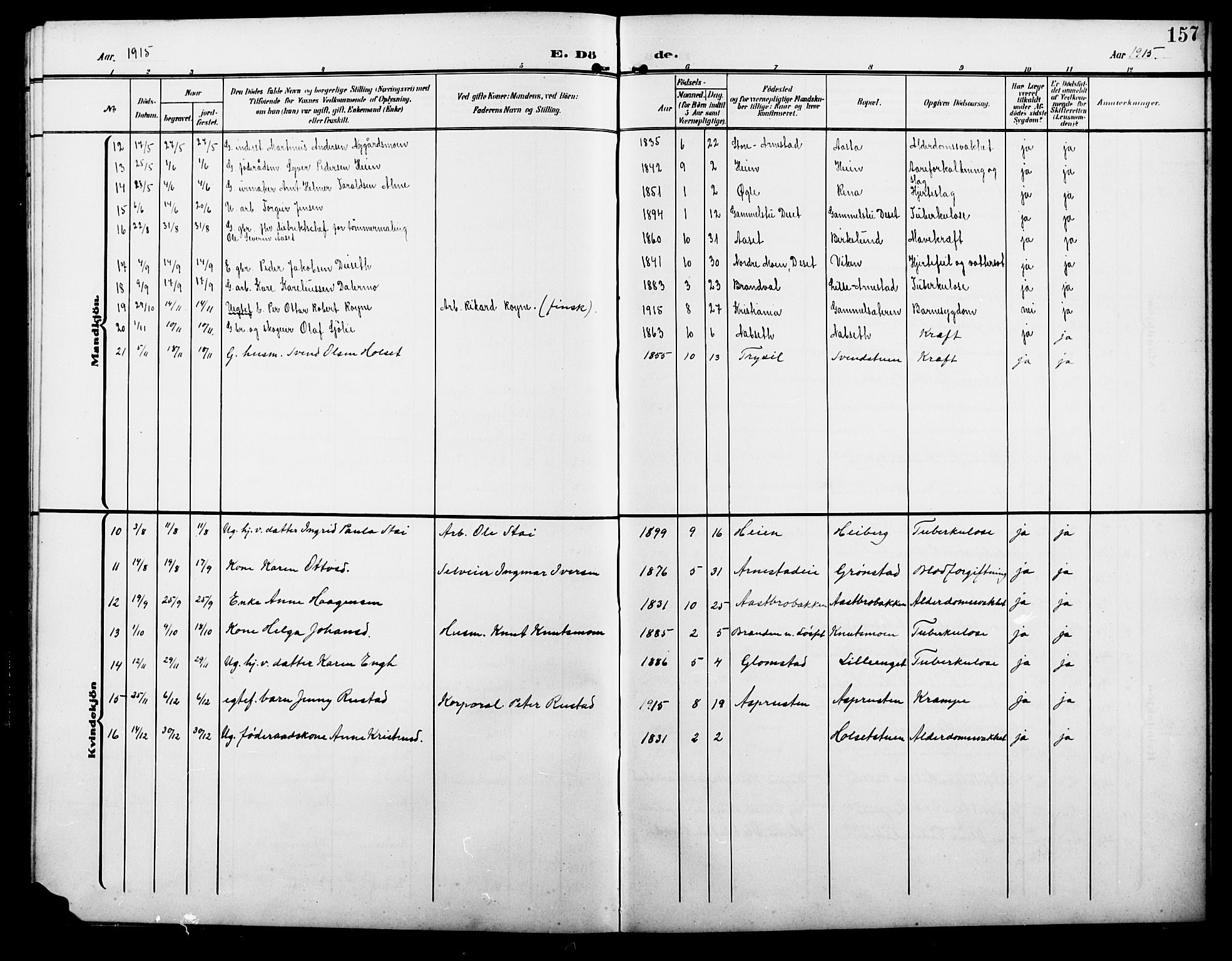 Åmot prestekontor, Hedmark, AV/SAH-PREST-056/H/Ha/Hab/L0004: Parish register (copy) no. 4, 1905-1920, p. 157