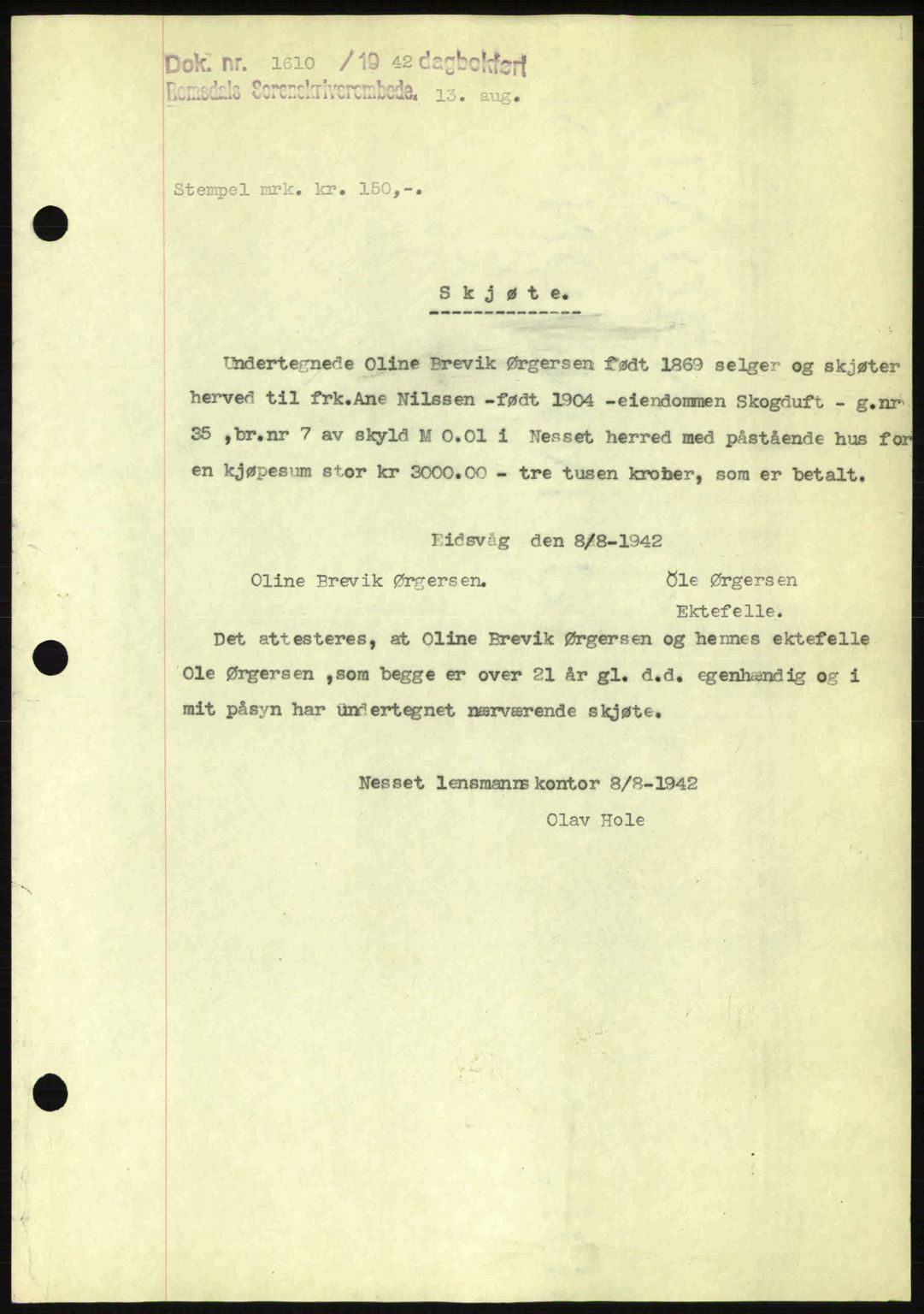 Romsdal sorenskriveri, AV/SAT-A-4149/1/2/2C: Mortgage book no. A12, 1942-1942, Diary no: : 1610/1942