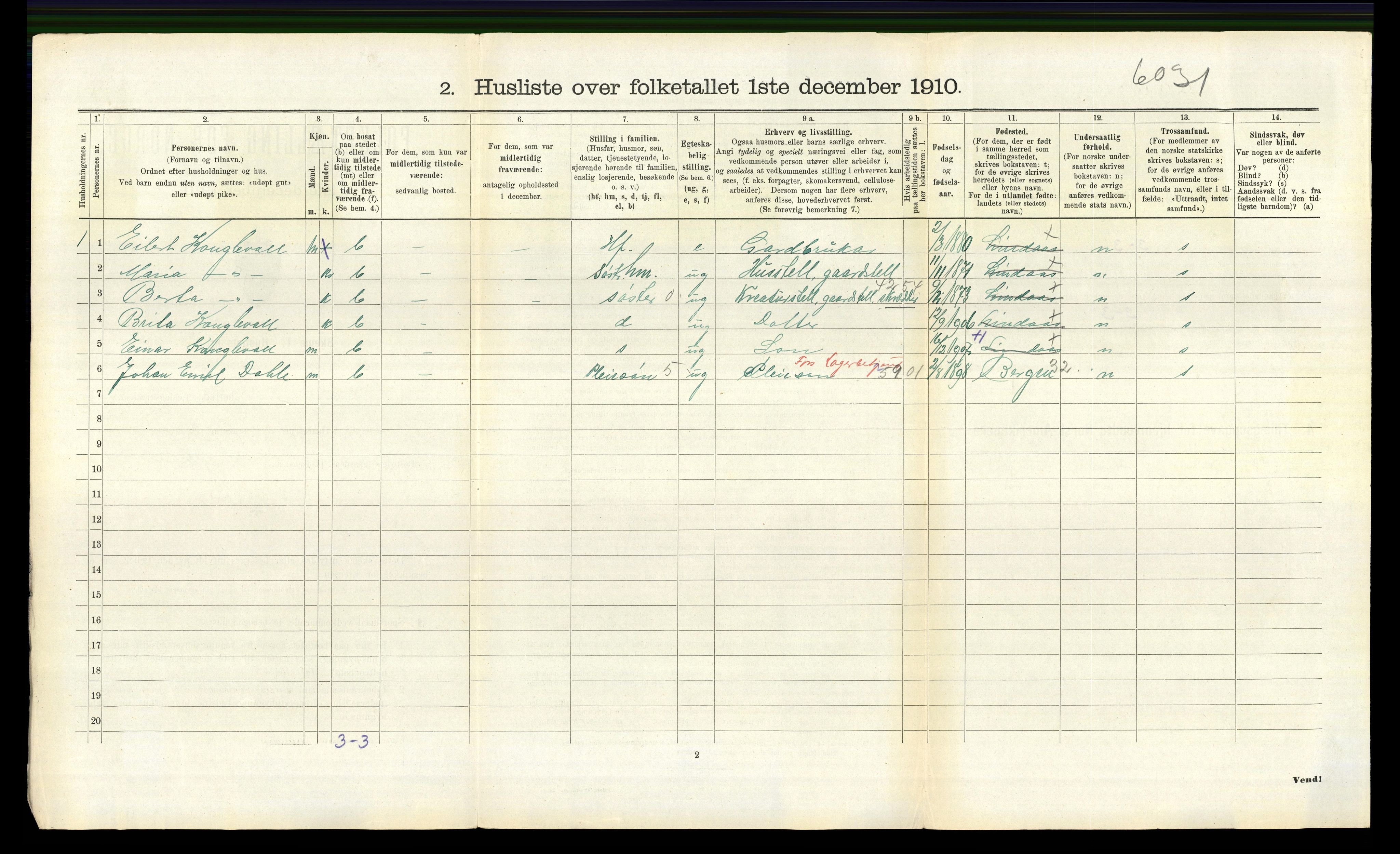 RA, 1910 census for Lindås, 1910, p. 947