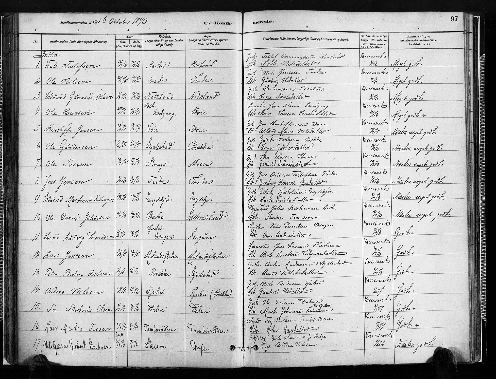 Austre Moland sokneprestkontor, SAK/1111-0001/F/Fa/Faa/L0010: Parish register (official) no. A 10, 1880-1904, p. 97