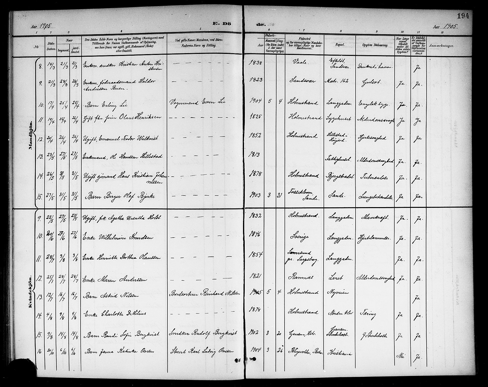 Holmestrand kirkebøker, AV/SAKO-A-346/G/Ga/L0006: Parish register (copy) no. 6, 1901-1923, p. 194