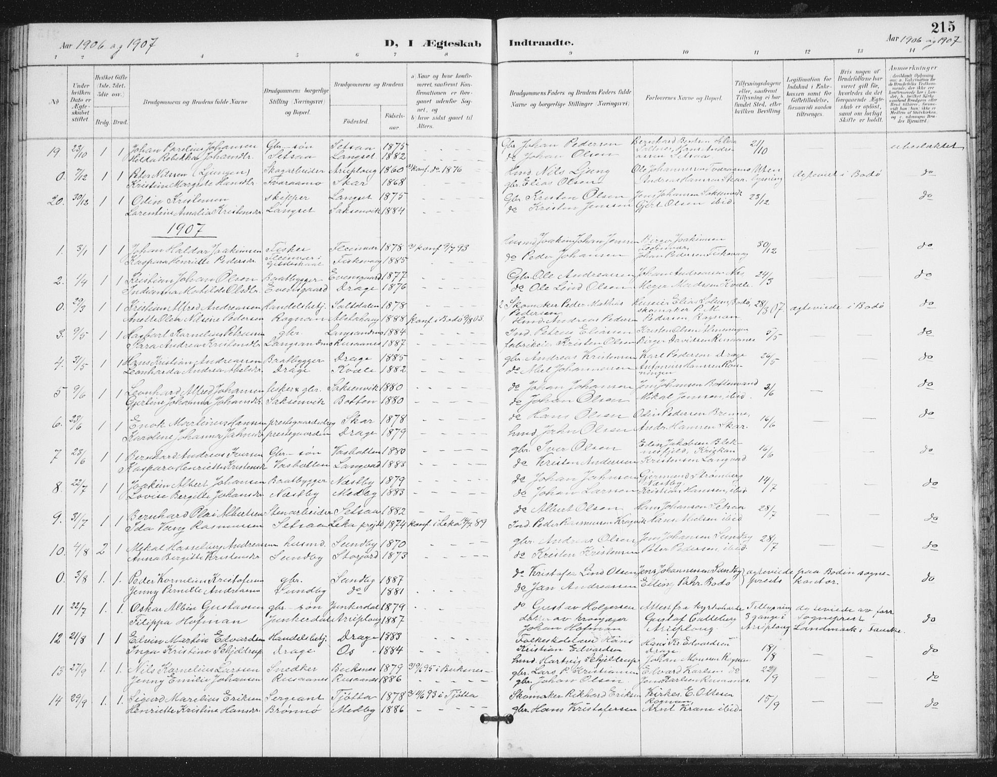 Ministerialprotokoller, klokkerbøker og fødselsregistre - Nordland, SAT/A-1459/847/L0682: Parish register (copy) no. 847C10, 1889-1907, p. 215