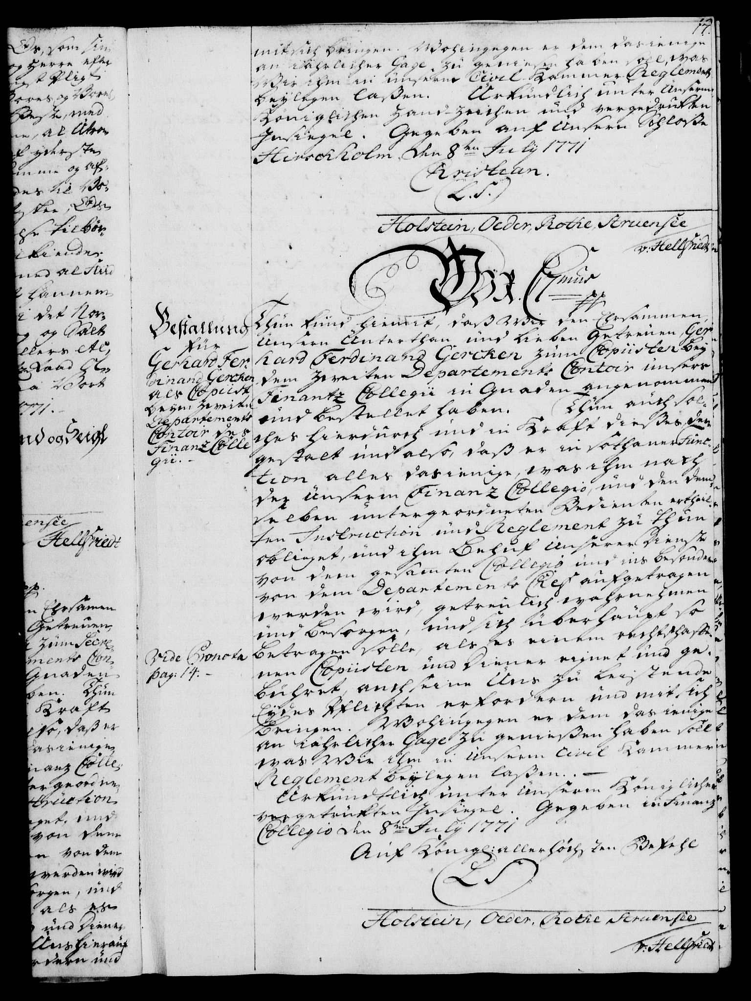 Rentekammeret, Kammerkanselliet, RA/EA-3111/G/Gg/Gge/L0005: Norsk bestallingsprotokoll med register (merket RK 53.29), 1771-1773, p. 17