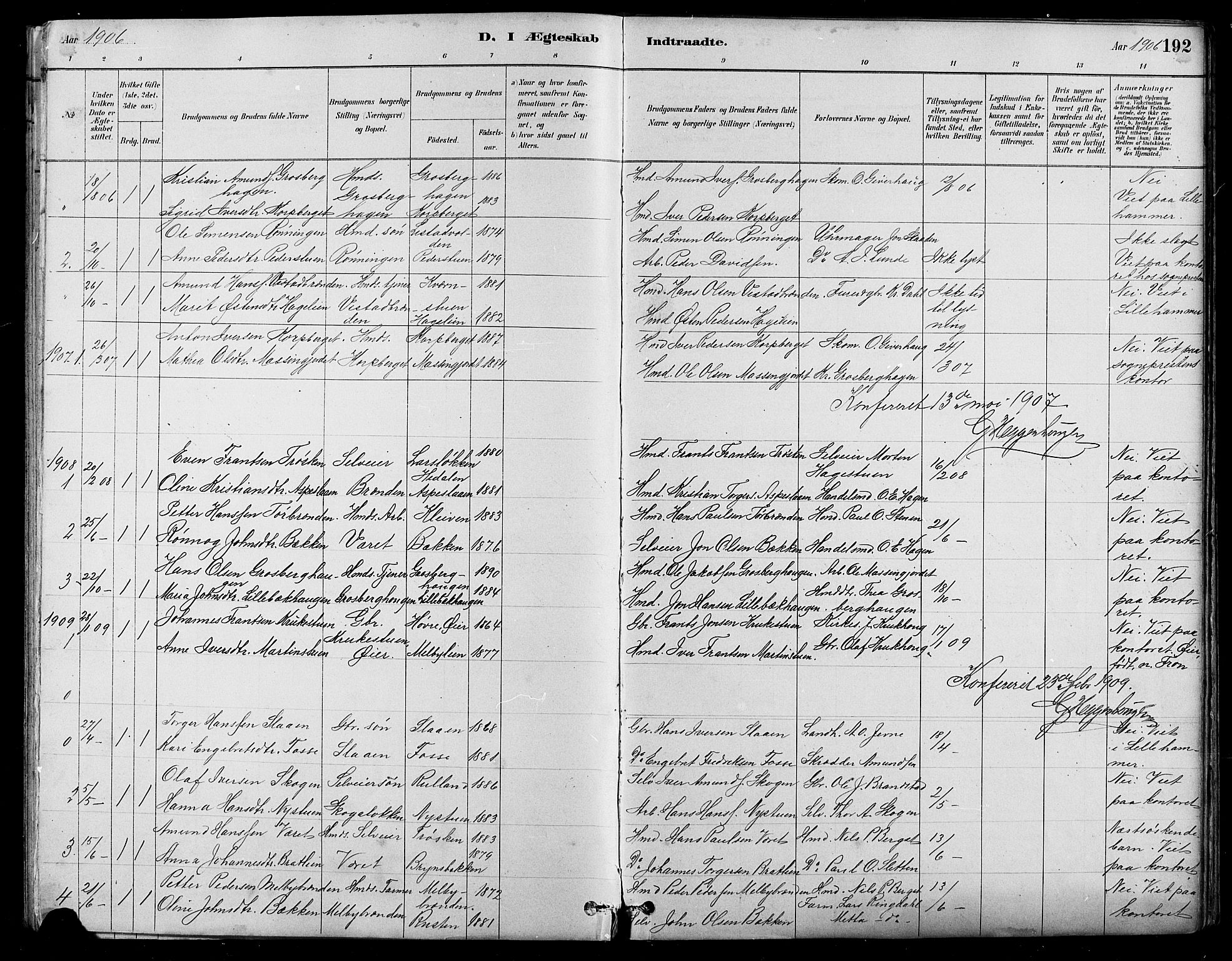 Nord-Fron prestekontor, SAH/PREST-080/H/Ha/Hab/L0005: Parish register (copy) no. 5, 1884-1914, p. 192