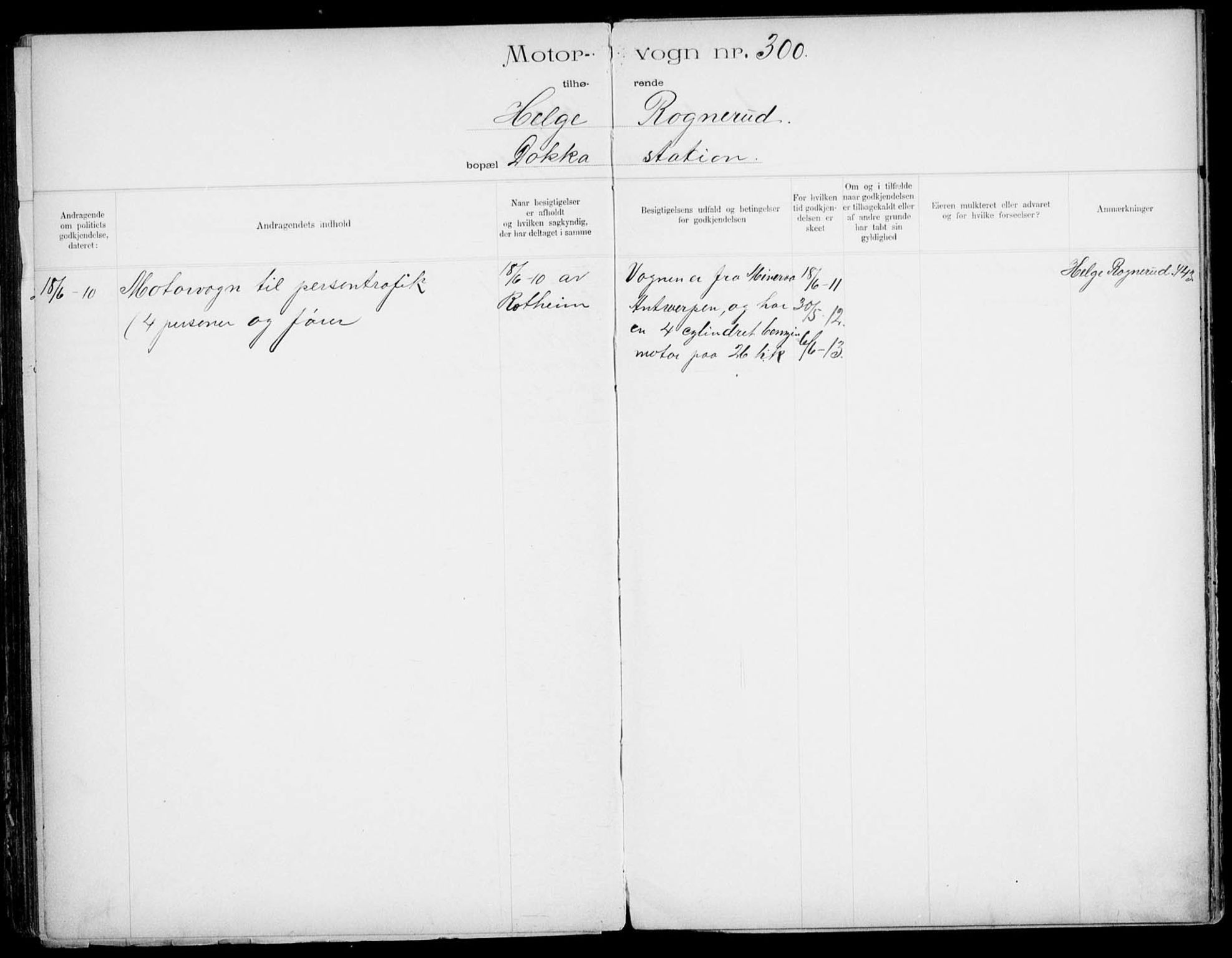 Vegdirektoratet, Bilavdelingen M, RA/S-1663/F/Fa/L0001: Bilregisterprotokoll. Reg.nr. 1-199 og 300-310, 1899-1914