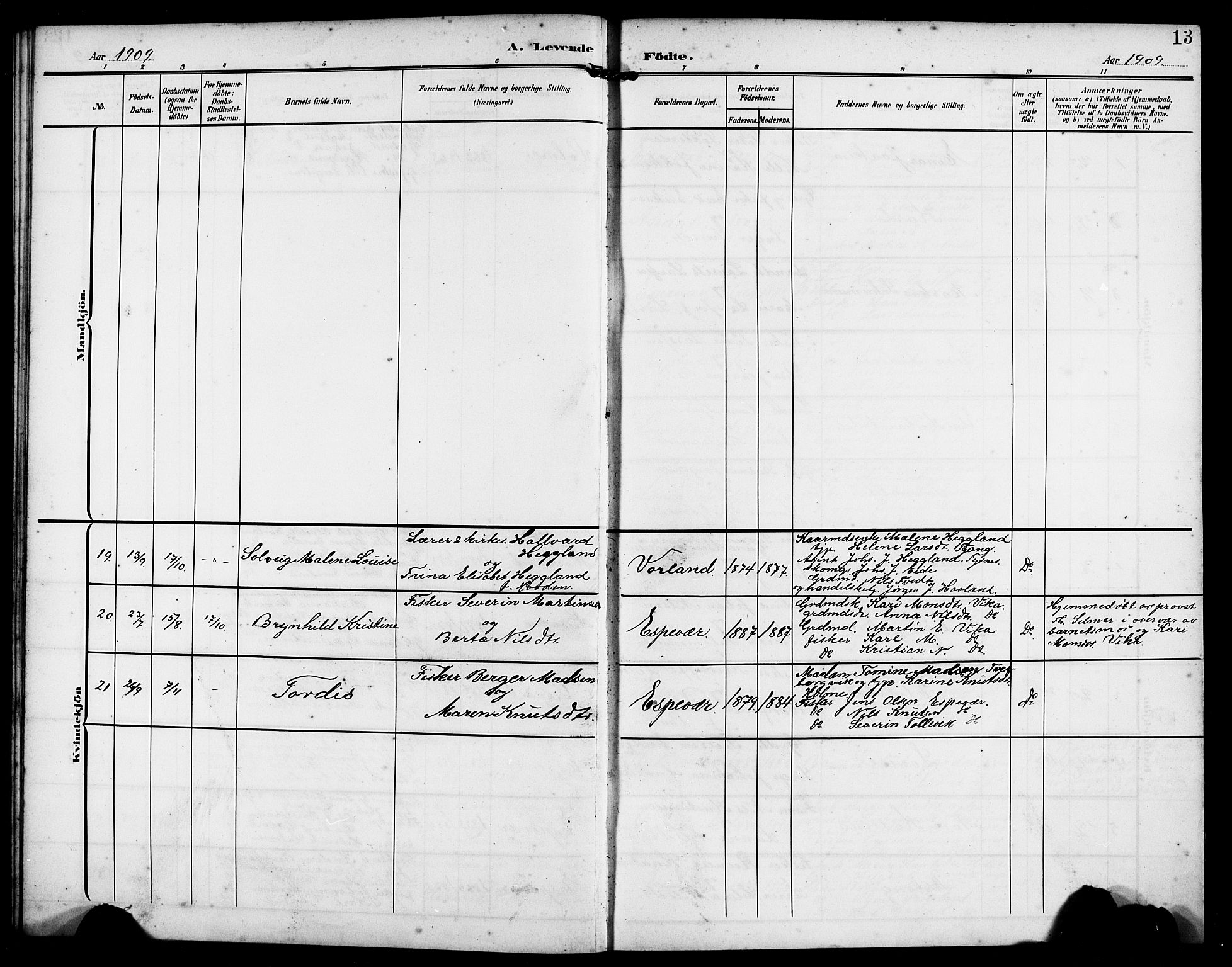 Finnås sokneprestembete, AV/SAB-A-99925/H/Ha/Hab/Habc/L0003: Parish register (copy) no. C 3, 1907-1917, p. 13