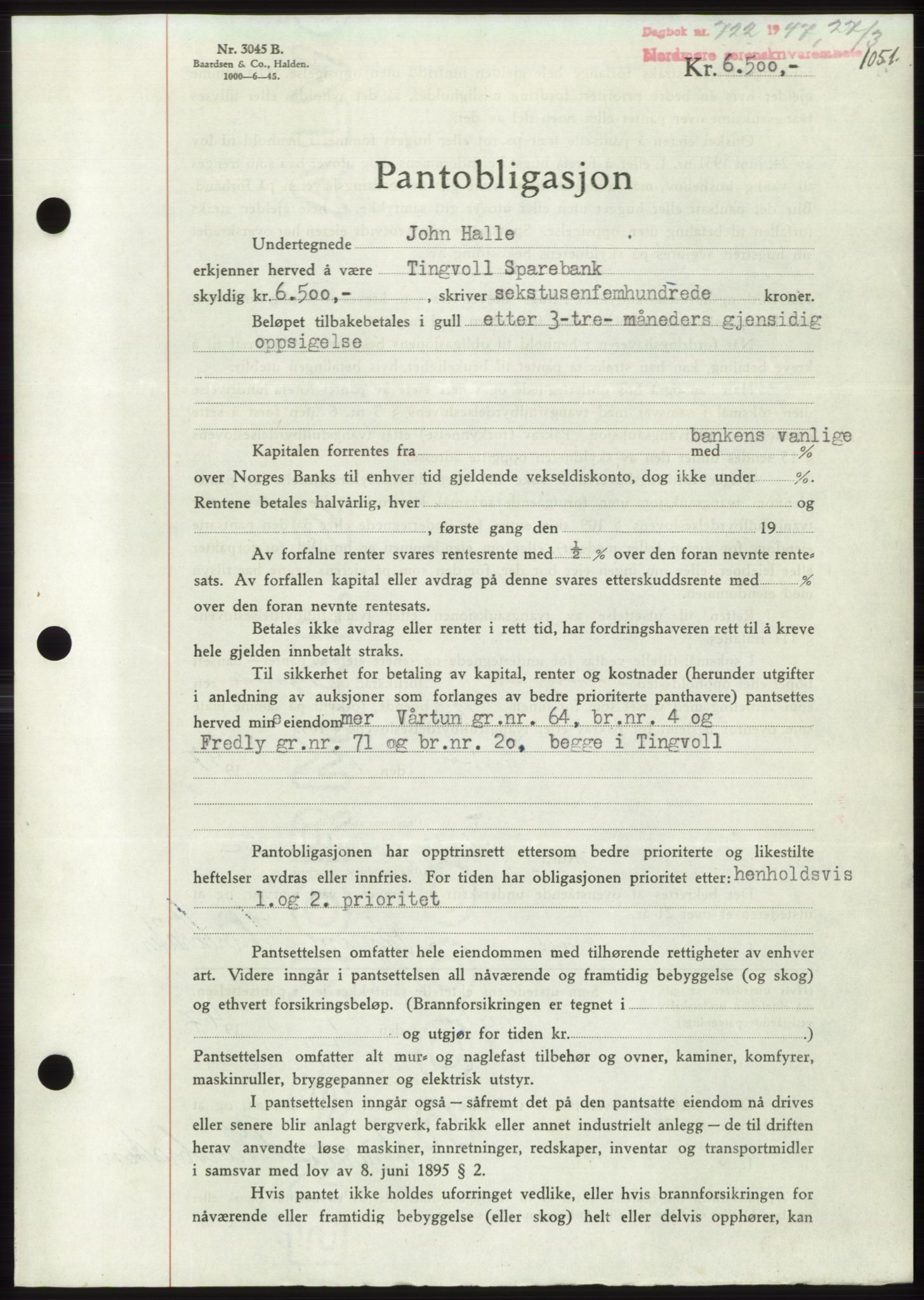 Nordmøre sorenskriveri, AV/SAT-A-4132/1/2/2Ca: Mortgage book no. B95, 1946-1947, Diary no: : 722/1947