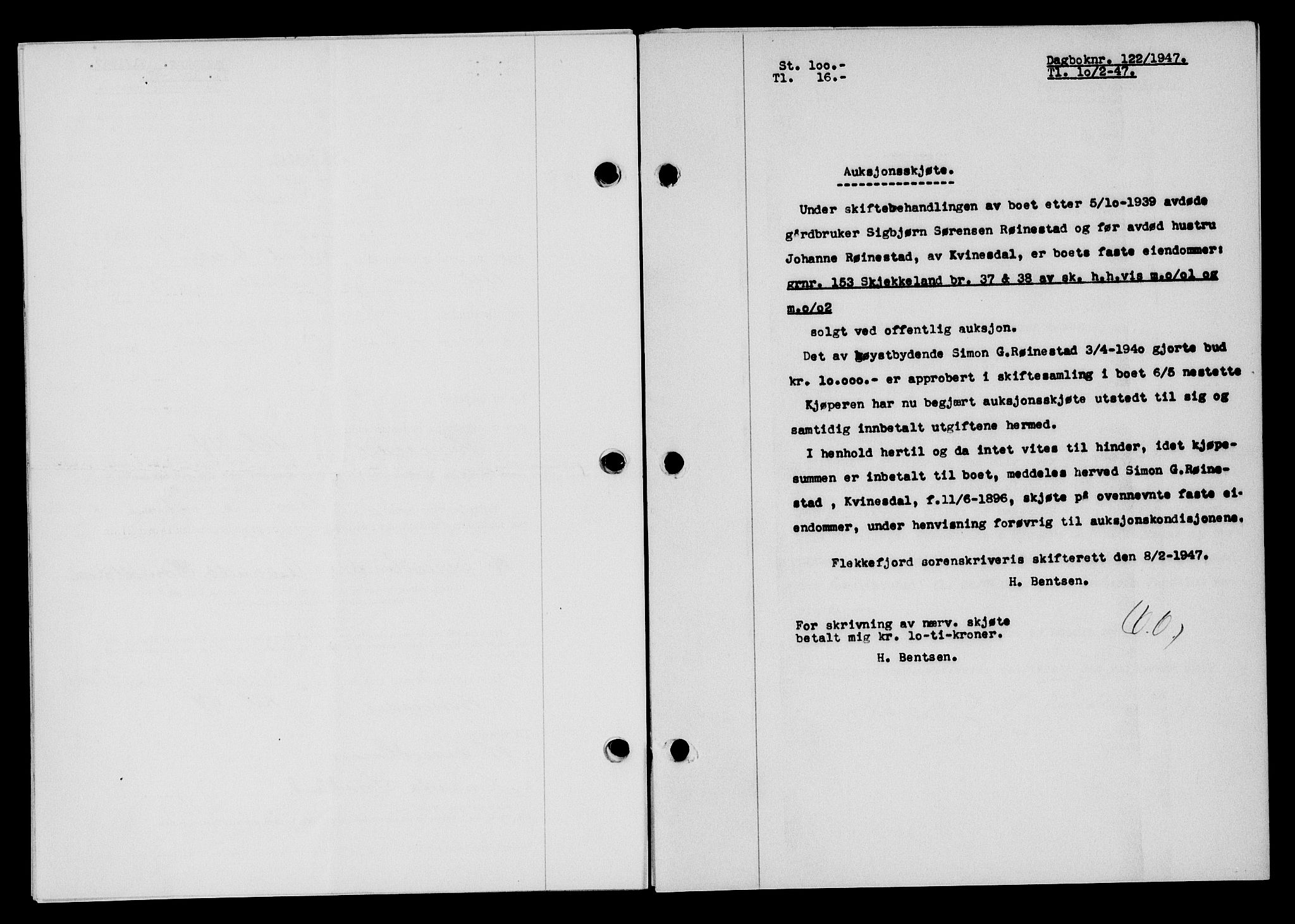 Flekkefjord sorenskriveri, SAK/1221-0001/G/Gb/Gba/L0061: Mortgage book no. A-9, 1946-1947, Diary no: : 122/1947
