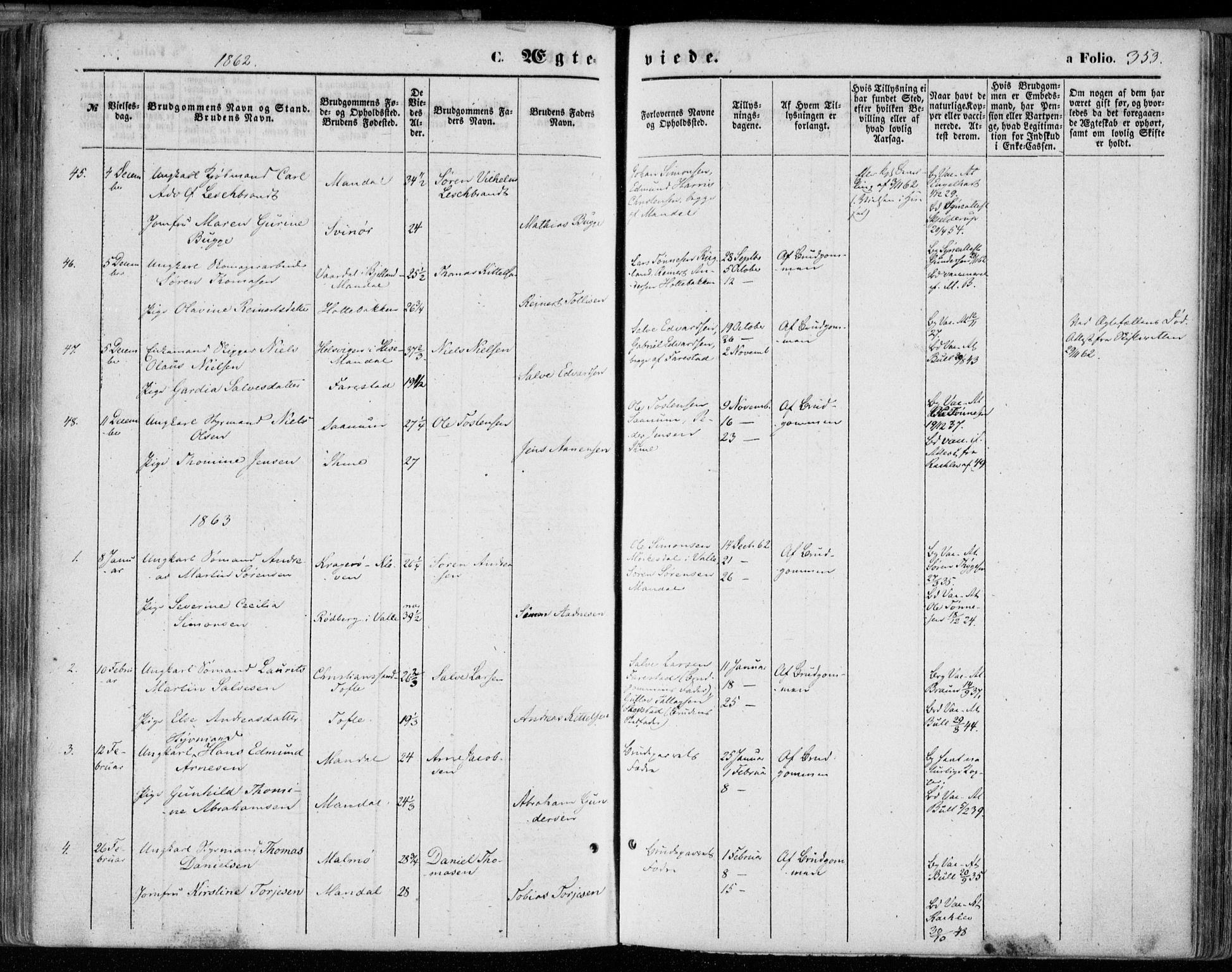 Mandal sokneprestkontor, SAK/1111-0030/F/Fa/Faa/L0014: Parish register (official) no. A 14, 1859-1872, p. 353