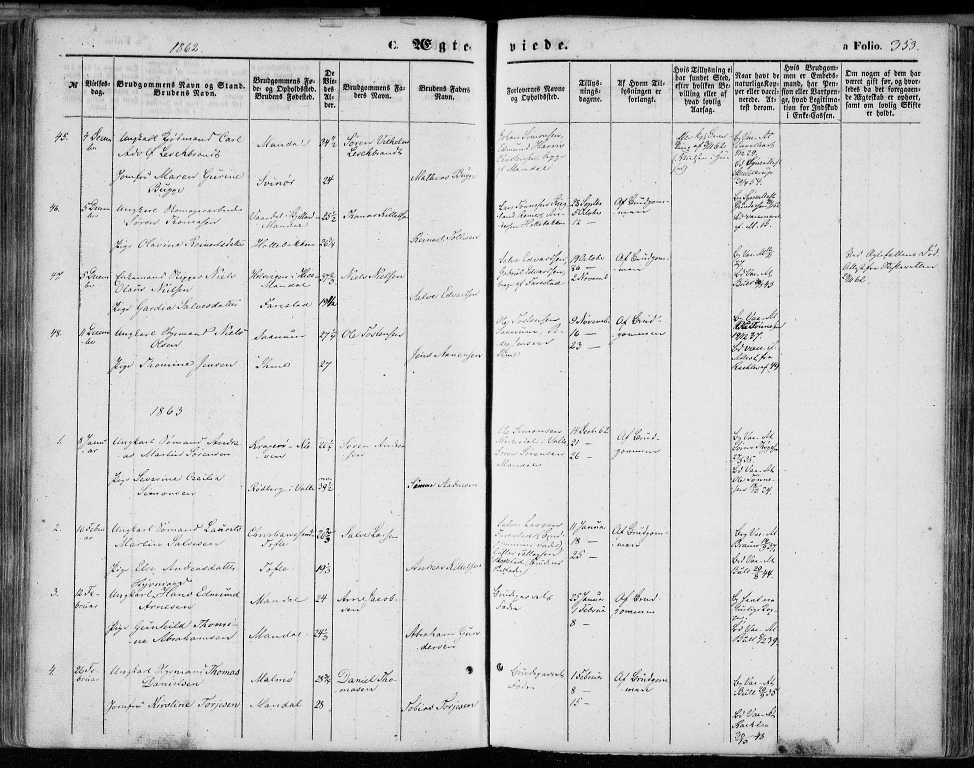 Mandal sokneprestkontor, AV/SAK-1111-0030/F/Fa/Faa/L0014: Parish register (official) no. A 14, 1859-1872, p. 353