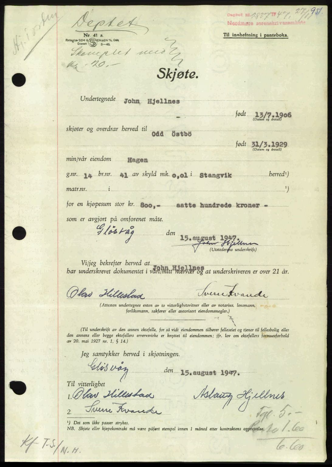 Nordmøre sorenskriveri, AV/SAT-A-4132/1/2/2Ca: Mortgage book no. A106, 1947-1947, Diary no: : 2837/1947