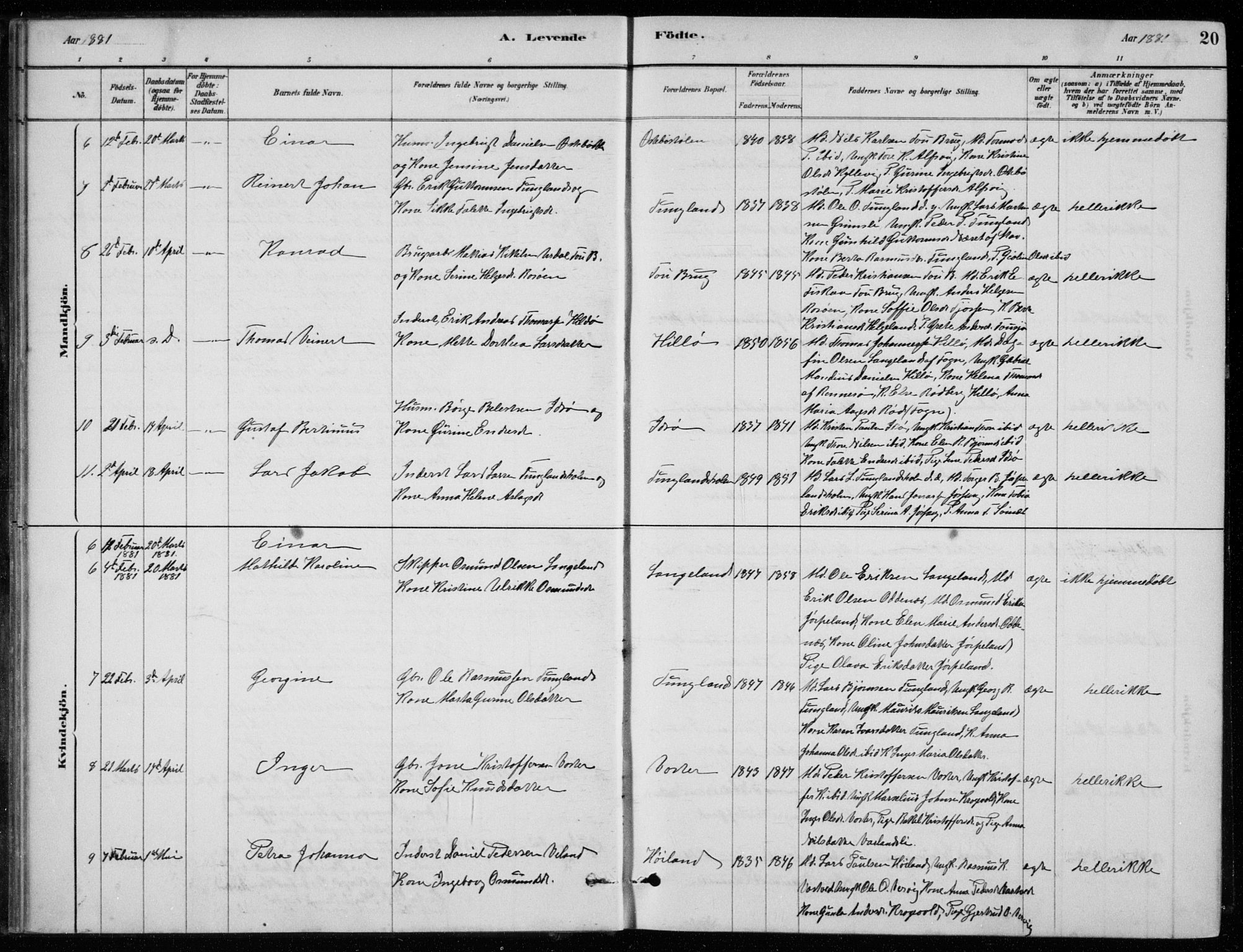 Strand sokneprestkontor, AV/SAST-A-101828/H/Ha/Hab/L0004: Parish register (copy) no. B 4, 1878-1903, p. 20